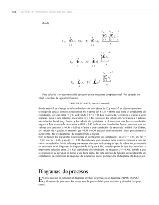164 CAPÍTULO 6: Herramientas básicas para Seis Sigma
donde
¤ n ³¤ n ³
¥
£xi
´¥ ´
¦ i 1 µ¦ i 1 µ
¥ ´¥£ yi ´n n
£(xi x)( yi y) £xi yiSxy
n
i 1 i 1
³2¤ n
¥
£xi
´
¥ ´
¦ i 1 µ
n n
£(xi x )2
£xi
2
Sxx
n
i 1 i 1
2
¤ n ³
¥
£ yi
´
¥ ´
¦ i 1 µn n
£(yi y) £yi
2 2
Syy
n
i 1 i 1
Para calcular r es recomendable apoyarse en un programa computacional. Por ejemplo en
Excel se utiliza la siguiente función:
COEF.DE.CORREL(matriz1;matriz2)
donde matriz1 es el rango de celdas donde están los valores de X, y matriz2 es el correspondien-
te rango de celdas donde se encuentran los valores de Y. Los valores que toma el coeficiente de
correlación, r, están entre −1 y 1, incluyendo (−1 ≤ r ≤ 1). Los valores de r cercanos o iguales a cero
implican poca o nula relación lineal entre X y Y. En contraste, los valores de r cercanos a 1 indican
una relación lineal muy fuerte, y los valores de r próximos a −1 muestran una fuerte correlación
negativa. Los valores de r cercanos a −0.85 o 0.85 indican una correlación fuerte; mientras que los
valores de r cercanos a −0.50 o 0.50 se refieren a una correlación de moderada a débil. Por último,
los valores de r iguales o menores que −0.30 o 0.30 indican una correlación lineal prácticamente
inexistente. En los diagramas de dispersión de la figura
6.10 se tienen los siguientes valores para el coeficiente de correlación: en a) r = 0.97; en b) r =
−0.99; en c) r = 0.06, y en d) r = −0.33. Recordemos que cuando r tiene valores cercanos a cero no
existe una relación lineal y de ninguna manera dice que no hay ningún tipo de rela- ción; estoqueda
en evidencia en el diagrama de dispersión de la figura 6.10d, donde a pesar de que hay una clara e
importante relación entre X y Y, el coeficiente de correlación es pequeño (r = −0.30), debido a que
los puntos no se agrupan en torno a una línea recta. En este sentido, la función del coeficiente de
correlación es corroborar la magnitud de la relación lineal que muestra el diagrama de dispersión.
Diagramas de procesos
En esta sección se estudian:el diagrama de flujo de procesos,el diagrama PEPSU (SIPOC)
y el mapeo de procesos, los cuales son de gran utilidad para entender y describir los pro-
cesos.
 
