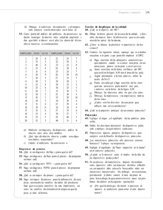 Preguntas y ejercicios 179
b) Obtenga el coeﬁciente de correlación y al interpre-
tarlo compare con lo observado en el inciso a).
33. Como parte del análisis del problema de ausentismo se
decide investigar la relación entre edad del empleado y
días que faltó a laborar en el año.Los datos del último
año se muestran a continuación.
Función de despliegue de la calidad
40. ¿Cuál es el objetivo del DFC?
41. Dibuje la forma general de la casa de la calidad, y des-
criba de manera breve la información que va en cada
una de las partes de la misma.
42. ¿Cómo se obtiene la prioridad o importancia de los
cómos?
43. Conteste los siguientes incisos, suponga que va a diseñar
una pizza a su gusto y que para ello empleará el DFC.
a) Haga una lista de las principales características
que esperaría cuando va a comer una pizza en un
restaurante (piense en la pizza y en el servicio).
Anote esta lista en la forma en blanco del DFC
que está en la ﬁgura 6.19 (en el área de los qués).
Asigne prioridades a la lista anterior, utilice la
escala de 0 a 5.
Piense en cada qué y haga una lista de los cómos
que crea necesarios para atender esos qués,
y anótelos en la forma de la ﬁgura 6.19.
Obtenga las relaciones entre los qués ylos cómos.
Obtenga la importancia y la importancia relativa
de los cómos.
¿Cuáles son los dos cómos de una pizza que
inﬂuyen más en su satisfacción?
b)
c)
d)
e)
f )
g)
44. ¿Cuál es el propósito principal de un sistema poka-yoke?
Poka-yoke
45. Explique el origen yel signiﬁcado de las palabras poka-
yoke.
46. Señale los dos tipos principales de dispositivos poka-
yoke yexplique en qué consiste cada uno.
47. Proporcione algunos ejemplos de dispositivos que
cumplen con la ﬁlosofía de dispositivos poka-yoke.
48. ¿Los mecanismos poka-yoke sólo previenen errores
humanos? Explique su respuesta.
49. Explique el signiﬁcado de “hacer inspección en la fuente”
en el contexto poka-yoke.
50. ¿A quién se le reconoce como el creador de la idea de
los dispositivos poka-yoke?
51. En un proceso de manufactura, después de realizar
cierta operación sobre un recipiente de forma cilíndri-
ca, un operador debe colocarla boca arriba sobre un
mecanismo transportador. Sin embargo, en ocasiones,
pordescuido el obrero comete el error de poner la
pieza boca abajo,lo que posteriormente causa un pro-
blema de calidad en la siguiente operación.
a) ¿Por qué la estrategia de insistir o presionar al
operario es insuﬁciente para evitar el error descrito
antes?
a) Mediante un diagrama de dispersión, analice la
relación entre estas dos variables.
b) ¿Qué tipo de relación observa ycuáles son algu-
nos hechos especiales?
c) Calcule el coeﬁciente de correlación e
interprételo.
Diagram as de proceso
34. ¿Qué es un diagrama de ﬂujo y para qué es útil?
35. Haga un diagrama de ﬂujo para el proceso de preparar
un buen café.
36. ¿Qué es un diagrama PEPSU y para qué es útil?
37. Haga un diagrama PEPSU para el proceso de preparar
un buen café.
38. ¿Qué es un mapeo de proceso y para qué es útil?
39. Haga un mapeo de proceso para la elaboración de una
pizza, anotando las variables de salida del producto
ﬁnal que a su juicio considere las más importantes, así
como las variables de entrada en la etapa en que la
pizza se mete al horno.
EMPLEADO EDAD FALTAS EMPLEADO EDAD FALTAS
1
2
3
4
5
6
7
8
9
10
11
12
13
14
15
16
17
18
19
20
29
33
40
23
31
20
30
38
23
25
26
30
42
34
31
18
33
33
33
32
6
5
0
8
6
9
5
5
8
6
7
5
2
5
6
11
6
4
5
5
21
22
23
24
25
26
27
28
29
30
31
32
33
34
35
36
37
38
39
40
25
38
22
30
24
39
35
20
32
25
36
30
20
38
39
34
35
27
40
31
7
3
0
4
7
10
5
1
5
5
5
5
10
4
4
4
6
7
3
6
 