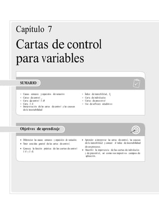 • Cartas de control
• Carta de control X -R
• Carta X -S
• Carta de individuales
• Cartas de precontrol
• Uso de software estadístico
de un proceso.
• Conocer la función práctica de las cartas de control
X -R y X -S.
Capítulo 7
Cartas de control
para variables
SUMARIO
• Causas comunes y especiales de variación • Índice de inestabilidad, St
–
–
• Interpretación de las cartas de control y las causas
de la inestabilidad
Objetivos de aprendizaje
• Diferenciar las causas comunes y especiales de variación. • Aprender a interpretar las cartas de control, las causas
• Tener una idea general de las cartas de control. de la inestabilidad y conocer el índice de inestabilidad
– – • Describir la importancia de las cartas de individuales
y de precontrol, así como sus respectivos campos de
aplicación.
 