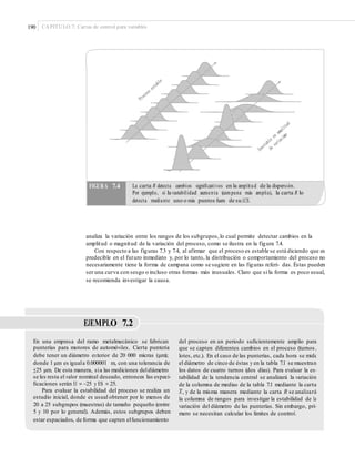 190 CAPÍTULO 7: Cartas de control para variables
analiza la variación entre los rangos de los subgrupos,lo cual permite detectar cambios en la
amplitud o magnitud de la variación del proceso, como se ilustra en la figura 7.4.
Con respecto a las figuras 7.3 y 7.4, al afirmar que el proceso es estable se está diciendo que es
predecible en el futuro inmediato y, por lo tanto, la distribución o comportamiento del proceso no
necesariamente tiene la forma de campana como se sugiere en las figuras referi- das. Éstas pueden
ser una curva con sesgo o incluso otras formas más inusuales. Claro que si la forma es poco usual,
se recomienda investigar la causa.
EJEMPLO 7.2
En una empresa del ramo metalmecánico se fabrican
punterías para motores de automóviles. Cierta puntería
debe tener un diámetro exterior de 20 000 micras (μm);
donde 1 μm es iguala 0.000001 m, con una tolerancia de
±25 μm. De esta manera, sia las mediciones deldiámetro
se les resta el valor nominal deseado, entonces las especi-
ﬁcaciones serán EI = −25 y ES = 25.
Para evaluar la estabilidad del proceso se realiza un
estudio inicial, donde es usual obtener por lo menos de
20 a 25 subgrupos (muestras) de tamaño pequeño (entre
5 y 10 por lo general). Además, estos subgrupos deben
estar espaciados, de forma que capten elfuncionamiento
del proceso en un periodo suﬁcientemente amplio para
que se capten diferentes cambios en el proceso (turnos ,
lotes, etc.). En el caso de las punterías, cada hora se mide
el diámetro de cinco de éstas y en la tabla 7.1 se muestran
los datos de cuatro turnos (dos días). Para evaluar la es-
tabilidad de la tendencia central se analizará la variación
d_e la columna de medias de la tabla 7.1 mediante la carta
X, y de la misma manera mediante la carta R se analizará
la columna de rangos para investigar la estabilidad de la
variación del diámetro de las punterías. Sin embargo, pri-
mero se necesitan calcular los límites de control.
FIGURA 7.4 La carta R detecta cambios signiﬁcativos en la amplitud de la dispersión.
Por ejemplo, si la variabilidad aumenta (campana más amplia), la carta R lo
detecta mediante uno o más puntos fuera de su LCS.
 