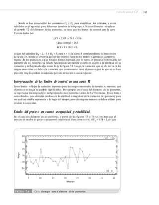 –
195Carta de control X -R
Donde se han introducido las constantes D3
y D4
para simplificar los cálculos, y están
tabuladas en el apéndice para diferentes tamaños de subgrupo,n. Si estas fórmulas se aplican
al ejemplo 7.2 del diámetro de las punterías, se tiene que los límites de control para la carta
R están dados por
LCS = 2.115 × 26.3 = 55.6
Línea central = 26.3
LCI = 0 × 26.3 = 0,
ya que del apéndice D4 = 2.115 y D3 = 0, para n = 5. La carta R correspondiente se muestra en
la figura 7.6, donde se observa que no hay puntos fuera de los límites y además el comporta-
miento de los puntos no sigue ningún patrón especial; por lo tanto, el proceso responsable del
diámetro de las punterías ha estado funcionando de manera estable en cuanto a la amplitud de su
variación y no ha pasado algo como lo de la figura 7.4. Luego, la variación que se ob- serva en los
rangos muestrales se debe a la variación que comúnmente tiene el proceso, por lo que no se hizo
presente ningún cambio ocasionado por una situación o causa especial.
Interpretación de los límites de control en una carta R
Estos límites reflejan la variación esperada para los rangos muestrales de tamaño n, mientras que
el proceso no tenga un cambio significativo. Por ejemplo, en el caso del diámetro de las punterías,
se espera que los rangos de los subgrupos de cinco punterías varíen de 0 a 55.6 micras. Estos límites
son utilizados para detectar cambios en la amplitud o magnitud de la variación del proceso y para
ver qué tan estable permanece a lo largo del tiempo, pero de ninguna manera se deben utilizar para
evaluar la capacidad.
Estado del proceso en cuanto acapacidad y estabilidad
En el caso del diámetro de las punterías, a partir de las figuras 7.5 y 7.6 se concluye que el
proceso es estable (o que está en control estadístico). Pero como se vio, el Cp
= 0.74 < 1, así que
60
LC5 55.6
50
40
30
20
10
LCI 0
5 10 15 20
Subgrupo
25 30 35 40
Rango
FIGURA 7.6 Carta de rangos para el diámetro de las punterías.
 
