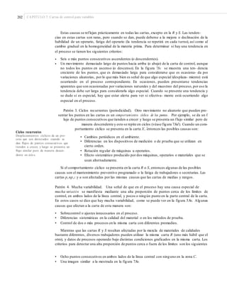 202 CAPÍTULO 7: Cartas de control para variables
Estas causas se reflejan prácticamente en todas las cartas, excepto en la R y S. Las tenden-
cias en estas cartas son raras, pero cuando se dan, puede deberse a la mejora o declinación de la
habilidad de un operario, fatiga del operario (la tendencia se repetirá en cada turno), así como al
cambio gradual en la homogeneidad de la materia prima. Para determinar si hay una tendencia en
el proceso se tienen los siguientes criterios:
•
•
Seis o más puntos consecutivos ascendentes (o descendentes).
Un movimiento demasiado largo de puntos hacia arriba (o abajo) de la carta de control, aunque
no todos los puntos en ascenso (o descenso). En la figura 7.8c se muestra una ten- dencia
creciente de los puntos, que es demasiado larga para considerarse que es ocasiona- da por
variaciones aleatorias, por lo que más bien es señal de que algo especial (desplaza- miento) está
ocurriendo en el proceso correspondiente. En ocasiones, pueden presentarse tendencias
aparentes que son ocasionadas por variaciones naturales y del muestreo del proceso, por eso la
tendencia debe ser larga para considerarla algo especial. Cuando se presente una tendencia y
se dude si es especial, hay que estar alerta para ver si efectiva- mente está ocurriendo algo
especial en el proceso.
Patrón 3. Ciclos recurrentes (periodicidad). Otro movimiento no aleatorio que pueden pre-
sentar los puntos en las cartas es un comportamiento cíclico de los puntos. Por ejemplo, se da un f
lujo de puntos consecutivos que tienden a crecer y luego se presenta un flujo similar pero de
manera descendente y esto se repite en ciclos (véase figura 7.8d). Cuando un com-
–
portamiento cíclico se presenta en la carta X, entonces las posibles causas son:
Ciclos recurrentes
Desplazamientos cíclicos de un pro-
ceso que son detectados cuando se
dan ﬂujos de puntos consecutivos que
tienden a crecer, y luego se presenta un
ﬂujo similar pero de manera descen-
dente en ciclos.
• Cambios periódicos en el ambiente.
• Diferencias en los dispositivos de medición o de prueba que se utilizan en
cierto orden.
• Rotación regular de máquinas u operarios.
• Efecto sistemático producido por dos máquinas, operarios o materiales que se
usan alternadamente.
Si el comportamiento cíclico se presenta en la carta R o S, entonces algunas de las posibles
causas son el mantenimiento preventivo programado o la fatiga de trabajadores o secretarias. Las
cartas p,np,c y u son afectadas por las mismas causas que las cartas de medias y rangos.
Patrón 4. Mucha variabilidad. Una señal de que en el proceso hay una causa especial de
mucha variación se manifiesta mediante una alta proporción de puntos cerca de los límites de
control, en ambos lados de la línea central, y pocos o ningún punto en la parte central de la carta.
En estos casos se dice que hay mucha variabilidad, como se puede ver en la figura 5.8e. Algunas
causas que afectan a la carta de esta manera son:
• Sobrecontrol o ajustes innecesarios en el proceso.
• Diferencias sistemáticas en la calidad del material o en los métodos de prueba.
• Control de dos o más procesos en la misma carta con diferentes promedios.
Mientras que las cartas R y S resultan afectadas por la mezcla de materiales de calidades
bastante diferentes, diversos trabajadores pueden utilizar la misma carta R (uno más hábil que el
otro), y datos de procesos operando bajo distintas condiciones graficados en la misma carta. Los
criterios para detectar una alta proporción de puntos cerca o fuera de los límites son los siguientes:
• Ocho puntos consecutivos en ambos lados de la línea central con ninguno en la zona C.
• Una imagen similar a la mostrada en la figura 7.8e.
 