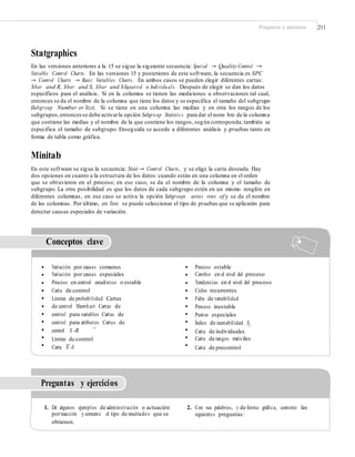 Preguntas y ejercicios 211
Statgraphics
En las versiones anteriores a la 15 se sigue la siguiente secuencia: Special → Quality Control →
Variable Control Charts. En las versiones 15 y posteriores de este software, la secuencia es SPC
→ Control Charts → Basic Variables Charts. En ambos casos se pueden elegir diferentes cartas:
X-bar and R, X-bar and S, X-bar and S-Squared o Individuals. Después de elegir se dan los datos
específicos para el análisis. Si en la columna se tienen las mediciones u observaciones tal cual,
entonces se da el nombre de la columna que tiene los datos y se especifica el tamaño del subgrupo
(Subgroup Number or Size). Si se tiene en una columna las medias y en otra los rangos de los
subgrupos,entoncesse debe activarla opción Subgroup Statistics para dar el nom- bre de la columna
que contiene las medias y el nombre de la que contiene los rangos, según corresponda; también se
especifica el tamaño de subgrupo. Enseguida se accede a diferentes análisis y pruebas tanto en
forma de tabla como gráfica.
Minitab
En este software se sigue la secuencia: Stat → Control Charts, y se elige la carta deseada. Hay
dos opciones en cuanto a la estructura de los datos: cuando están en una columna en el orden
que se obtuvieron en el proceso; en ese caso, se da el nombre de la columna y el tamaño de
subgrupo. La otra posibilidad es que los datos de cada subgrupo estén en un mismo renglón en
diferentes columnas, en ese caso se activa la opción Subgroups across rows of y se da el nombre
de las columnas. Por último, en Tests se puede seleccionar el tipo de pruebas que se aplicarán para
detectar causas especiales de variación.
Conceptos clave
•
•
•
•
•
•
•
•
•
•
•
Variación por causas comunes
Variación por causas especiales
Proceso en control estadístico o estable
Carta de control
Límites de probabilidad Cartas
de control Shewhart Cartas de
control para variables Cartas de
control para atributos Cartas de
control X -R
Límites de control
Carta X -S
•
•
•
•
•
•
•
•
•
•
•
Proceso estable
Cambio en el nivel del proceso
Tendencias en el nivel del proceso
Ciclos recurrentes
Falta de variabilidad
Proceso inestable
Puntos especiales
Índice de inestabilidad St
Carta de individuales
Carta de rangos móviles
Carta de precontrol
—
—
Preguntas y ejercicios
1. Dé algunos ejemplos de administración o actuación
porreacción y comente el tipo de resultados que se
obtienen.
2. Con sus palabras, y de forma gráﬁca, conteste las
siguientes preguntas:
 
