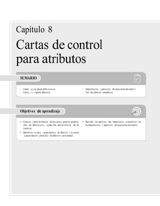Capítulo 8
Cartas de control
para atributos
SUMARIO
• Cartas p y np (para defectuosos) • Implantación y operación de una carta de control
• Cartas c y u (para defectos) • Uso de software estadístico
Objetivos de aprendizaje
• Conocer tanto la función de la carta p para la propor- • Describir los aspectos más importantes a considerar en
ción de defectuosos, como las características de la la implantación y operación de una carta de control.
carta np.
• Identiﬁcar la carta c para número de defectos y la carta
u para número promedio de defectos por unidad.
 