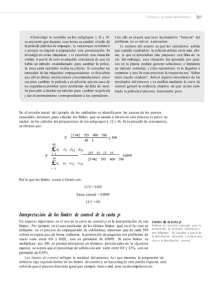 Cartas p y np (para defectuosos) 227
Alinvestigar lo ocurrido en los subgrupos 1, 12 y 36
se encontró que durante esas horas se cambió el rollo de
la película plástica de empaque, ya sea porque se terminó
o porque se empezó a empaquetar otra presentación. Se
investigó en otras máquinas y se encontró una situación
similar. A partir de esto se adquirió conciencia de que no
había un método estandarizado para cambiar la pelícu-
la, pues cada operador usaba su criterio. Al consultar los
manuales de las máquinas empaquetadoras se descubrió
que ahí se daban instrucciones yrecomendaciones preci-
sas para cambiar la película y se advertía que en caso de
no seguirlas se podrían tener problemas de falta de vacío.
Se procedió a diseñar un método para cambiar la película
y dar elentrenamiento correspondiente a los operadores.
Con ello se espera que esos incrementos “bruscos” del
problema no se vuelvan a presentar.
Lo curioso del asunto es que los operadores sabían
que cuando cambiaban la película debían estar más aler-
tas, ya que se detectaban más paquetes con falta de va-
cío. Sin embargo, esta situación fue ignorada por quie-
nes en la planta podían generar soluciones e implantar
un método estándar, y si los operadores se lo llegaban a
comentar a una de esas personas la respuesta era: “debes
tener mucho cuidado”. Sólo el registro sistemático de los
resultados del proceso y su análisis mediante la carta de
control generó la evidencia objetiva de que recién cam-
biada la película el proceso funcionaba peor.
En el estudio inicial del ejemplo de las salchichas se identificaron las causas de los puntos
especiales; entonces, para calcular los límites que se usarán a futuro en este proceso es preci- so
excluir de los cálculos las proporciones de los subgrupos 1, 12 y 36. Si se procede de esta manera,
se obtiene que:
23 942 595 600 596
n y 599
40 3
40
£di d1 d12 d36
p i 1 257 15 17 15
0.0095
40
£ni
i 1
23 942 595 600 596
n1 n12 n36
Por lo que los límites a usar a futuro son:
LCS = 0.021
Línea central = 0.0095
LCI = 0.0
Interpretación de los límites de control de la carta p
Un aspecto importante en el uso de la carta de control p es la interpretación de sus
límites. Por ejemplo, en el caso particular de los últimos límites (que en el fu- turo se
utilizarán en el proceso de empaquetado de salchichas), muestran que de cada 599
sobres se espera que, de forma ordinaria, la proporción de paquetes con problemas de
vacío varíe entre 0.0 y 0.021, con un promedio de 0.0095. Si estos límites se
multiplican por 100, se pueden interpretar en términos porcentuales de la siguiente
manera: se espera que el porcentaje de sobres con aire varíe entre 0.0 y 2.1%, con un
promedio de 0.95%.
Límites de la carta p
Indican la variación esperada para la
proporción de artículos defectuosos
por subgrupo. Se calculan a partir de
la distribución binomial y su aproxima-
ción a la distribución normal.
Los límites de control reflejan la realidad del proceso. Así que mientras la proporción de
defectos siga cayendo dentro de los límites de control y no haya ningún otro patrón especial, será
señal de que el proceso funciona igual que siempre; bien o mal, pero su desempeño se en-
 