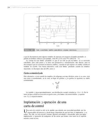 238 CAPÍTULO 8: Cartas de control para atributos
2
1.6
1.2
0.8
0.4
0
0 5 10 15 20 25
Lote
a que la discrepancia entre algunos tamaños de muestra con respecto al tamaño promedio es
grande en términos relativos; por ejemplo, entre 30 y 21.8 es de 37% ((30/21.8) – 1).
La ventaja de usar límites promedio es que al ser sólo un par de límites no es necesario
calcularlos para cada punto y se tiene una perspectiva e interpretación más directa; pero su
desventaja es que en ocasiones no detecta cambios, o puede ser que registre un cambio cuando en
realidad no ocurrió. Una buena alternativa sería usar límites promedio cuando los tamaños
muestrales no discrepen más del 20% entre sí.
Carta u estandarizada
Otra alternativa a usar cuando los tamaños de subgrupo son muy distintos entre sí, es cons- truir
una carta u estandarizada, en la cual, en lugar de graficar ui
se grafica la siguiente va- riable
estandarizada:
ui u
zi
u
ni
La variable zi
sigue aproximadamente una distribución normal estándar (μ = 0, σ = 1). Por lo
tanto,la línea central en esta carta es igual a cero, y los límites de control inferior y superior
son –3 y 3, respectivamente.
Implantación y operación de una
carta de control
Una carta de control es útil en la medida que atienda una necesidad percibida por los
responsables del proceso y, desde luego, dependerá de qué tan bien se implemente y se
utilice. Por ello, en esta sección veremos algunas actividades a desarrollar para una mejor
implantación y operación de cualquiera de las cartas que hemos visto tanto en el capítulo
anterior como en éste.
u
FIGURA 8.5 Carta u con límites variables para defectos en piezas electrónicas.
 