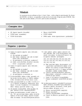 264 CAPÍTULO 9: Cartas CUSUM y EWM A: detección oportuna de cambios pequeños
Minitab
La secuencia en este software es Stat → Control Charts, y ahí se elige la carta deseada. En el caso
de CUSUM, en Options se especifica el valor de h y k, así como el tipo de carta CUSUM, One-
sided para la carta tabular y Two-sided para la carta con máscara.
Conceptos clave
• ARL (longitud promedio de corrida)
• CUSUM (sumas acumuladas)
• CUSUM de dos lados
•
•
•
Máscara de la CUSUM
CUSUM tabular
EWMA (medias móviles exponencialmente ponderadas)
Preguntas y ejercicios
1. Conteste las siguientes preguntas acerca de la carta
CUSUM:
7. A cierto producto químico orgánico comercial se le
mide cada cuatro horas el nivel de una sustancia rela-
cionada con su pureza. Los datos de 22 muestras son
los siguientes (ordenados porrenglón):
15.3, 15.7, 14.4, 14.0, 15.2, 15.8, 16.7, 16.6, 15.9,
17.4, 15.7, 15.9, 14.7, 15.2, 14.6, 13.7, 12.9, 13.2,
14.1, 14.2, 13.8, 14.6.
a)
b)
¿Por qué recibe ese nombre?
¿Qué ventajas y desventajas tiene sobre las tradi-
cionales cartas de Shewhart?
¿En qué situaciones se recomienda su aplicación?
¿Cuáles son las dos formas de construir una carta
CUSU M y en qué consiste cada una?
c)
d)
a) Dado que el valor objetivo de esta sustancia es 15
y que se conoce que la desviación estándar es de
alrededor de 1, construya la carta CUSUM para
estos datos.Use k = 0.5 y h = 5. Aplique la CUSUM
con máscara y también en forma tabular.
Construya una carta de individuales para estos
datos ycomente su desempeño en relación con la
CUSUM del inciso anterior.
Usando λ = 0.2 construya la carta EWMA.
Compare su desempeño con la CUSUM del inciso
a).
2. Conteste las siguientes preguntas acerca de la carta
EWMA:
a)
b)
¿Por qué recibe ese nombre?
¿Qué ventajas y desventajas tiene sobre las tradi-
cionales cartas de Shewhart?
¿En qué situaciones se recomienda su
aplicación?
b)
c)
3. En una carta EWMA, explique el efecto que tendría uti-
lizar un valor de λ muy cercano a 1. También explique
el efecto de tomar un valor de λ muy cercano a cero.
Diseñe una carta CUSUM con α = 0.005, δ = 0.75, σ = 3
y n = 5. Encuentre los parámetros fundamentales de la
máscara V, así como los parámetros H y K de la versión
tabular. Suponga que el valor nominal es μ0
.
¿En qué casos es recomendable utilizar las parejas de
cartas Shewhart-CUSUM o Shewhart-EWMA?
Suponga que para un proceso en control se desea un
ARL0 = 400 y que es de interés detectar cambios de nivel de
magnitud 1.5 veces el error estándar. Encuentre los pará-
metros de la máscara V de una CUSUM para este proceso.
c)
4.
8. Los datos que se muestran en la tabla 9.3 son los pro-
medios de muestras de tamaño 5 que se obtuvieron
del muestreo periódico de un proceso. Se sabe que la
desviación estándar del proceso es 1.3.
5.
a)
b)
c)
d)
Obtenga una carta CUSUM e interprétela.
–
Obtenga una carta X .
Construya una carta EWMA e interprétela.
Comente las diferencias que encontró entre las tres
cartas.
6.
 