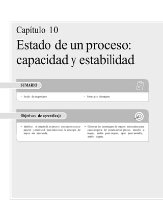 Capítulo 10
Estado de un proceso:
capacidad y estabilidad
SUMARIO
• Estado de un proceso • Estrategias de mejora
Objetivos de aprendizaje
• Identiﬁcar el estado de un proceso en cuanto a su ca- • Conocer las estrategias de mejora adecuadas para
pacidad y estabilidad para seleccionar la estrategia de cada categoría del estado de un proceso: inestable e
mejora más adecuada. incapaz, estable pero incapaz, capaz pero inestable,
estable y capaz.
 