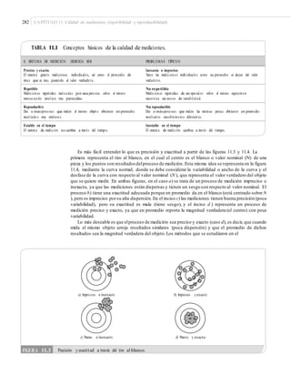 282 CAPÍTULO 11: Calidad de mediciones (repetibilidad y reproducibilidad)
TABLA 11.1 Conceptos básicos de la calidad de mediciones.
Preciso y exacto
El sistema genera mediciones individuales, así como el promedio de
éstas que es muy parecido al valor verdadero.
Inexacto e impreciso
Tanto las medicion es individuales como su promedio se alejan del valor
verdad ero.
Repetible
Medicion es repetidas realizadas por una pers ona sobre el mismo
mensuran do resul tan muy parecidas.
No repetible
Medicion es repetidas de un operad or sobre el mismo espécimen
mues tran un exceso de variabilid ad.
Reproducible
Dos o más perso nas que miden el mismo objet o obtienen en promedio
resul tado s muy similares.
No reproducible
Dos o más perso nas que miden las mismas piezas obtienen en promedio
result ad os sensiblement e diferent es.
Estable en el tiempo
El sistema de medición no cambia a través del tiempo.
Inestable en el tiempo
El sistema de medición cambia a través del tiempo.
Es más fácil entender lo que es precisión y exactitud a partir de las figuras 11.3 y 11.4. La
primera representa el tiro al blanco, en el cual el centro es el blanco o valor nominal (N) de una
pieza y los puntos son resultados delproceso de medición. Esta misma idea se representa en la figura
11.4, mediante la curva normal; donde se debe considerar la variabilidad o ancho de la curva y el
desfase de la curva con respecto al valor nominal (N ), que representa el valor verdadero del objeto
que se quiere medir. En ambas figuras, en el caso a) se trata de un proceso de medición impreciso e
inexacto, ya que las mediciones están dispersas y tienen un sesgo con respecto al valor nominal. El
proceso b) tiene una exactitud adecuada porque en promedio da en el blanco (está centrado sobre N
), pero es impreciso porsu alta dispersión.En el inciso c) las mediciones tienen buena precisión (poca
variabilidad), pero su exactitud es mala (tiene sesgo), y el inciso d ) representa un proceso de
medición preciso y exacto, ya que en promedio reporta la magnitud verdadera (el centro) con poca
variabilidad.
Lo más deseable es que elproceso de medición sea preciso y exacto (caso d), es decir, que cuando
mida el mismo objeto arroje resultados similares (poca dispersión) y que el promedio de dichos
resultados sea la magnitud verdadera del objeto. Los métodos que se estudiaron en el
a) Impreciso e inexacto b) Impreciso y exacto
c) Preciso e inexacto d) Preciso y exacto
FIGURA 11.3 Precisión y exactitud a través del tiro al blanco.
EL SISTEMA DE MEDICIÓN DEBERÍA SER PROBLEMAS TÍPICO S
 