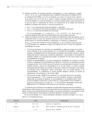 290 CAPÍTULO 11: Calidad de mediciones (repetibilidad y reproducibilidad)
10. Calcular el número de categorías distintas o distinguibles, nc
. Este estadístico se calcula
con nc = ⎯√2 (σˆ /σˆ ) y se interpreta como el número de intervalos de confianza al 97%parte R&R
no traslapados, y basados en el error de medición, que caben en el ancho de la variación
de las partes. Por esto el valor de nc
indica el número de grupos diferentes de piezas que el
sistema de medición es capaz de distinguir, lo cual tiene relación directa con la resolución con
la que éste mide la característica de interés. La interpretación de la calidad del sistema de
medición en términos del valor de nc
se hace de acuerdo con:
• Si nc > 4, la resolución del sistema de medición es adecuada.
• Si nc
< 2, la resolución del sistema de medición es claramente inadecuada.
• Si 2 ≤ nc
≤ 4, tiene una resolución poco adecuada.
En el caso del ejemplo 11.1 se tiene que nc
= 1.41 × (2.1/0.72) = 4.1. Por lo tanto, el
sistema de medición para medir la partícula apenas tiene la resolución adecuada.
11. Tomar una decisión. Con base en los tres criterios de calidad del sistema de medición que se
comentaron antes, se toma una decisión acerca de lo que se debe hacer. En caso de que se
decida mejorar el sistema de medición es importante ver cuál de los componentes
de σR&R es el que más contribuye al error de medición, ya que en primera instancia puede
ser el instrumento, los operadores o ambos. De acuerdo con esto se tienen las siguientes
posibilidades de acción:
• Si la fuente dominante de variación es la repetibilidad se deben investigar las posibles
causas, algunas de las cuales pudieran ser: la suciedad del instrumento, componentes
gastados, variabilidad dentro del mensurando, instrumento mal diseñado, funciona- miento
inadecuado, método inadecuado, condiciones ambientales o que de plano el instrumento de
medición utilizado no es adecuado para realizar tal medición. En este caso se debe evaluar
la posibilidad de sustituirlo.
Cuando la reproducibilidad es la fuente principal de variabilidad, los esfuerzos se deben
enfocar a estandarizar los procedimientos de medición y entrenar a los operadores para que
se apeguen a ellos. Esto se debe a que, porlo general, se encontrará que los operado- res usan
métodos distintos, carecen de entrenamiento en el uso del equipo o se tiene un diseño
inapropiado del instrumento que permite evaluaciones subjetivas.Si existieran otras fuentes
de variación (como temperatura, tiempo, instrumento, etc.) con posible impacto en la
reproducibilidad, su contribución se puede estudiar mediante técnicas de diseño de
experimentos (véase Gutiérrez y De la Vara, 2008).
Si a pesar de la mala calidad de las mediciones la capacidad del proceso de produc-
ción es adecuada (Cp > 1.33 y centrado en el valor nominal), entonces el desempeño
inadecuado del sistema de medición no necesariamente es un problema crítico, pero
en caso de mejorar la precisión se observaría un Cp
todavía mejor. Por el contrario, si
el proceso de producción es incapaz (Cp < 1), los resultados inaceptables del estudio
R&R pueden ser la diferencia entre reportar o no el proceso como capaz.
•
•
La variación excesiva delproceso de medición se puede reducirhaciendo más de una medición
independiente sobre la misma pieza y reportarel promedio de estas mediciones como la magnitud de la
misma. Si bien esta estrategia incrementa el tiempo y los recursos invertidos,es una alternati- va que
puede ser viable mientras se logra llevar el sistema de medición a resultados aceptables.
En el caso del ejemplo 11.1, toda la información obtenida se resume en la figura 11.5 y en la
tabla 11.2, de donde destaca que:
CRITERIO VALOR COMENTARIO
P/T Acept ab le muy marginalment e.24.73 < 30%
EM/VarTot Sistema de medició n inaceptable para ﬁnes de cont ro l del proceso.32.43% > 30%
nc Reso lución apenas aceptable.4.1 > 4
 