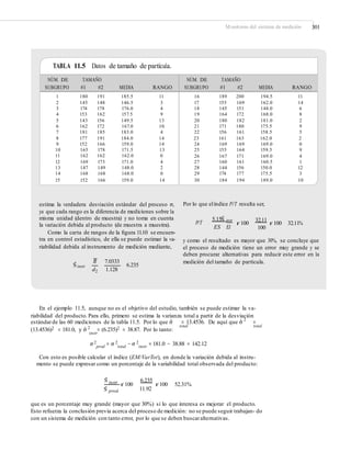 Monitoreo del sistema de medición 301
TABLA 11.5 Datos de tamaño de partícula.
Por lo que elíndice P/T resulta ser,estima la verdadera desviación estándar del proceso σ,
ya que cada rango es la diferencia de mediciones sobre la
misma unidad (dentro de muestra) y no toma en cuenta
la variación debida al producto (de muestra a muestra).
Como la carta de rangos de la ﬁgura 11.10 se encuen-
tra en control estadístico, de ella se puede estimar la va-
riabilidad debida al instrumento de medición mediante,
5.15Sˆ instr 32.11
100
P/T r 100 r 100 32.11%
ES EI
y como el resultado es mayor que 30%, se concluye que
el proceso de medición tiene un error muy grande y se
deben procurar alternativas para reducir este error en la
medición del tamaño de partícula.R 7.0333
Sˆinstr 6.235
d2 1.128
En el ejemplo 11.5, aunque no es el objetivo del estudio, también se puede estimar la va-
riabilidad del producto. Para ello, primero se estima la varianza total a partir de la desviación
estándarde las 60 mediciones de la tabla 11.5. Por lo que σˆ = 13.4536. De aquí que σˆ 2
=
total total
(13.4536)2 = 181.0, y σˆ 2
= (6.235)2 = 38.87. Por lo tanto:
instr
σ2
prod
= σ 2
total
− σ 2
instr
= 181.0 − 38.88 = 142.12
Con esto es posible calcular el índice (EM/VarTot), en donde la variación debida al instru-
mento se puede expresar como un porcentaje de la variabilidad total observada del producto:
Sˆ instr r 100
6.235
r 100 52.31%
Sˆ prod 11.92
que es un porcentaje muy grande (mayor que 30%) si lo que interesa es mejorar el producto.
Esto refuerza la conclusión previa acerca del proceso de medición: no se puede seguir trabajan- do
con un sistema de medición con tanto error, por lo que se deben buscaralternativas.
NÚM. DE TAMAÑO
SUBGRUPO #1 #2 MEDIA RANGO
NÚM. DE TAMAÑO
SUBGRUPO #1 #2 MEDIA RANGO
1 180 191 185.5 11
2 145 148 146.5 3
3 174 178 176.0 4
4 153 162 157.5 9
5 143 156 149.5 13
6 162 172 167.0 10
7 181 185 183.0 4
8 177 191 184.0 14
9 152 166 159.0 14
10 165 178 171.5 13
11 162 162 162.0 0
12 169 173 171.0 4
13 147 149 148.0 2
14 168 168 168.0 0
15 152 166 159.0 14
16 189 200 194.5 11
17 155 169 162.0 14
18 145 151 148.0 6
19 164 172 168.0 8
20 180 182 181.0 2
21 171 180 175.5 9
22 156 161 158.5 5
23 161 163 162.0 2
24 169 169 169.0 0
25 155 164 159.5 9
26 167 171 169.0 4
27 160 161 160.5 1
28 144 156 150.0 12
29 174 177 175.5 3
30 184 194 189.0 10
 
