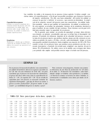 18 CAPÍTULO 2: Capacidad de procesos I: Estadística descriptiva
Las variables de salida o de respuesta de un proceso (véase capítulo 1) deben cumplir con
ciertas metas y/o especificaciones, a fin de que sea posible considerar que el proceso funciona
de manera satisfactoria. Por ello, una tarea primordial del control de calidad es
conocer la capacidad o habilidad de un proceso, que consiste en determinar la ampli-
tud de la variación natural del proceso para una característica de calidad dada.Capacidad de un proceso
Consiste en conocer la amplitud de la
variación natural del proceso para una
característica de calidad dada; esto
permitirá saber en qué medida tal ca-
racterística de calidad es satisfactoria
(cumple especiﬁcaciones).
Esto permitirá saber en qué medida tal característica de calidad es satisfactoria.
En este capítulo se estudian las principales técnicas de la estadística descriptiva
para el análisis de una variable de tipo continuo. Estas técnicas son de gran utili-
dad para entender mejor la capacidad de un proceso.
Por lo general, para realizar un estudio de capacidad se toman datos del pro-
ceso durante un periodo considerable para que se ref leje bien el desempeño del
proceso. El periodo de referencia depende de la velocidad del proceso, ya que si
se trata de un proceso masivo que produce muchas piezas por día, entonces se con-
sidera un periodo de cuatro a 10 días, y de ahí, cada determinado tiempo se toma
una pequeña cantidad de productos hasta completar una muestra de 120 a 150. Pero
cuando se trata de un proceso lento, que produce pocos productos por día, es ne-
cesario incrementar el periodo de estudio para completar una muestra de por lo
menos 50 o 60 productos. En ambos casos, en la medida que se tengan más datos
y un periodo más amplio será posible conocer mejor el estado real del proceso.
Estadísticos
Mediciones o cálculos que se obtienen
a partir de un conjunto de datos con el
objetivo de conocer sus característ i c as
más relevantes.
EJEMPLO 2.1
En un proceso de inyección de plástico una característica
de calidad del producto (disco) es su grosor, que debe ser
de 1.20 mm con una tolerancia de ±0.10 mm. Así,para
considerar que el proceso de inyección fue satisfactorio,
el grosor del disco debe estar entre la especiﬁcación in-
ferior, EI = 1.10 y la superior, ES = 1.30. En un estudio de
capacidad para este proceso es necesario contestar las
siguientes interrogantes: ¿qué tipo de discos en cuanto a
grosor se están produciendo? ¿El grosor medio es ade-
cuado? ¿La variabilidad del grosor es mucha o poca?
Para contestar estas preguntas, durante una semana
se obtuvieron de una línea de producción los 125 datos
de la tabla 2.1. El muestreo fue sistemático: cada deter-
minado tiempo se tomaban cinco productos y se medían
y al ﬁnal de la semana se tuvieron los datos referidos. A
continuación se analizarán estos datos por medio de di-
ferentes estadísticos.
TABLA 2.1 Datos para el grosor de los discos, ejemplo 2.1.
1.15
1.20
1.17
1.17
1.18
1.20
1.20
1.16
1.20
1.17
1.17
1.17
1.19
1.19
1.17
1.15
1.17
1.17
1.13
1.17
1.17
1.17
1.25
1.20
1.16
1.20
1.16
1.18
1.16
1.19
1.16
1.12
1.16
1.14
1.16
1.24
1.17
1.22
1.16
1.11
1.15
1.19
1.17
1.16
1.18
1.19
1.20
1.18
1.17
1.13
1.20
1.18
1.19
1.18
1.20
1.20
1.19
1.18
1.16
1.23
1.11
1.16
1.16
1.16
1.15
1.22
1.19
1.19
1.18
1.19
1.18
1.13
1.23
1.16
1.19
1.21
1.17
1.16
1.20
1.22
1.19
1.17
1.20
1.13
1.17
1.17
1.19
1.20
1.19
1.22
1.15
1.15
1.19
1.13
1.17
1.17
1.19
1.20
1.21
1.23
1.15
1.13
1.20
1.14
1.18
1.15
1.20
1.15
1.22
1.16
1.19
1.17
1.20
1.24
1.22
1.19
1.19
1.17
1.16
1.18
1.17
1.19
1.21
1.20
1.20
 