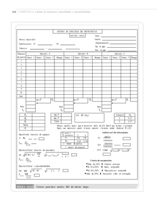 318 CAPÍTULO 11: Calidad de mediciones (repetibilidad y reproducibilidad)
Tolerancia –
Repetibilidad (variación del equipo):
tolerancia
100(VO)
%VO5.15
tolerancia
((X Dif.) k2) (( ) ( ))
)( )
VO nt (
5.15
•Abajo de 10% l Excelente proceso
•De 20 a 30% l Marg inalmente aceptableVE2
VO2
( )2
( )2
EM R&R
R R
5.15
FIGURA 11.13 Formato para hacer estudios R&R del método largo.
R2 operadores 2 3
R2 3.65 2.70
t número de ensayos
ESTUDIO DE CAPACIDAD DEL INSTRUMENTO
(MÉTODO LARGO) Fecha:
Person a respon sab le Estudio:
Especiﬁcaciones: El ES Departamento:
Tipo de gage:
Núm. de gage:
Número
de partes
Operado r A Operado r B Operado r C
Ensayo 1 Ensayo 2 Ensayo 3 Rango Ensayo 1 Ensayo 2 Ensayo 3 Rango Ensayo 1 Ensayo 2 Ensayo 3 Rango
1
2
3
4
5
6
7
8
9
10
Total
Suma
XA
RA RB RC
Suma
XB
Suma
XC
RA Máx X LCS (R) (D4) Ensayos D4
RB Mín. X 2 3.27
RC X Dif 3 2.57
Suma Marque aquello s rango s que se encuen tran arrib a de LCS. Identif ique la causa y corrijala.
R Repita esas mediciones usando el mismo operador y la misma unidad. Recalcule R y LCS.
R1 ensayos y Análisis en % de tolerancias:
VE Rk1
R1 4.56 3.05 %VE 100(VE)
Srepeti
VE
n número de partes,
Reprodu cibilidad (variación de operador): P/T % R&R ( %)2
( %)2
2 (VE)2
2 ( )2
Sˆrepr o d
VO
Criterio de aceptación:
Repro ducibilid ad y reproducibilidad:
•De 10 a 20% l Bueno, aceptable
Sˆ R&R •Arriba de 30% l Inaceptable y debe ser corregido
 