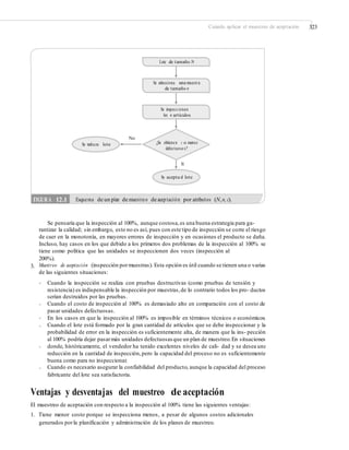 Cuándo aplicar el muestreo de aceptación 323
Lote de tamaño N
Se selecciona una muestra
de tamaño n
Se inspeccionan
los n artículos
No
¿Se obtienen c o menos
defectuoso s?
Se rechaza lote
Sí
Se acepta el lote
Se pensaría que la inspección al 100%, aunque costosa,es una buena estrategia para ga-
rantizar la calidad; sin embargo, esto no es así, pues con este tipo de inspección se corre el riesgo
de caer en la monotonía, en mayores errores de inspección y en ocasiones el producto se daña.
Incluso, hay casos en los que debido a los primeros dos problemas de la inspección al 100% se
tiene como política que las unidades se inspeccionen dos veces (inspección al
200%).
Muestreo de aceptación (inspección pormuestras). Esta opción es útil cuando se tienen una o varias
de las siguientes situaciones:
3.
• Cuando la inspección se realiza con pruebas destructivas (como pruebas de tensión y
resistencia) es indispensable la inspección por muestras,de lo contrario todos los pro- ductos
serían destruidos por las pruebas.
Cuando el costo de inspección al 100% es demasiado alto en comparación con el costo de
pasar unidades defectuosas.
En los casos en que la inspección al 100% es imposible en términos técnicos o económicos.
Cuando el lote está formado por la gran cantidad de artículos que se debe inspeccionar y la
probabilidad de error en la inspección es suficientemente alta, de manera que la ins- pección
al 100% podría dejar pasarmás unidades defectuosas que un plan de muestreo.En situaciones
donde, históricamente, el vendedor ha tenido excelentes niveles de cali- dad y se desea una
reducción en la cantidad de inspección,pero la capacidad del proceso no es suficientemente
buena como para no inspeccionar.
Cuando es necesario asegurar la confiabilidad del producto, aunque la capacidad del proceso
fabricante del lote sea satisfactoria.
•
•
•
•
•
Ventajas y desventajas del muestreo de aceptación
El muestreo de aceptación con respecto a la inspección al 100% tiene las siguientes ventajas:
1. Tiene menor costo porque se inspecciona menos, a pesar de algunos costos adicionales
generados porla planificación y administración de los planes de muestreo.
FIGURA 12.1 Esquema de un plan de muestreo de aceptación por atributos (N,n, c).
 
