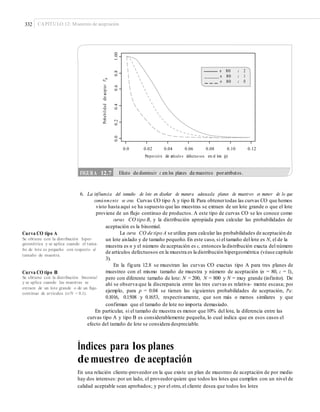 332 CAPÍTULO 12: Muestreo de aceptación
0.0 0.02 0.04 0.06 0.08 0.10 0.12
Proporció n de artículo s defectuo sos en el lote (p)
6. La influencia del tamaño de lote en diseñar de manera adecuada planes de muestreo es menor de lo que
comúnmente se cree. Curvas CO tipo A y tipo B. Para obtenertodas las curvas CO que hemos
visto hasta aquí se ha supuesto que las muestras se extraen de un lote grande o que el lote
proviene de un flujo continuo de productos. A este tipo de curvas CO se les conoce como
curvas CO tipo B, y la distribución apropiada para calcular las probabilidades de
aceptación es la binomial.
La curva CO de tipo A se utiliza para calcular las probabilidades de aceptación deCurva CO tipo A
Se obtiene con la distribución hiper-
geométrica y se aplica cuando el tama-
ño de lote es pequeño con respecto al
tamaño de muestra.
un lote aislado y de tamaño pequeño. En este caso, si el tamaño del lote es N, el de la
muestra es n y el número de aceptación es c, entonces la distribución exacta del número
de artículos defectuosos en la muestra es la distribución hipergeométrica (véase capítulo
3).
En la figura 12.8 se muestran las curvas CO exactas tipo A para tres planes de
muestreo con el mismo tamaño de muestra y número de aceptación (n = 80, c = 1),
pero con diferente tamaño de lote: N = 200, N = 800 y N = muy grande (infinito). De
ahí se observa que la discrepancia entre las tres curvas es relativa- mente escasa; por
ejemplo, para p = 0.04 se tienen las siguientes probabilidades de aceptación, Pa:
0.1016, 0.1508 y 0.1653, respectivamente, que son más o menos similares y que
confirman que el tamaño de lote no importa demasiado.
Curva CO tipo B
Se obtiene con la distribución binomial
y se aplica cuando las muestras se
extraen de un lote grande o de un ﬂujo
continuo de artículos (n/N < 0.1).
En particular, si el tamaño de muestra es menor que 10% del lote, la diferencia entre las
curvas tipo A y tipo B es considerablemente pequeña, lo cual indica que en esos casos el
efecto del tamaño de lote se considera despreciable.
Índices para los planes
demuestreo de aceptación
En una relación cliente-proveedor en la que existe un plan de muestreo de aceptación de por medio
hay dos intereses: por un lado, el proveedorquiere que todos los lotes que cumplen con un nivel de
calidad aceptable sean aprobados; y por el otro, el cliente desea que todos los lotes
ProbabilidaddeaceptarPa
0.00.20.40.60.81.00
FIGURA 12.7 Efecto de disminuir c en los planes de muestreo poratributos.
n 80 c 2
n 80 c 1
n 80 c 0
 