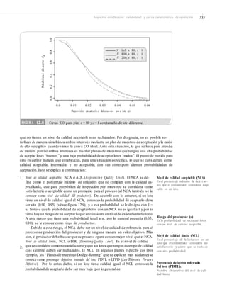 Aspectos estadísticos: variabilidad y curva característica de operación 333
0.0 0.01 0.02 0.03 0.04 0.05 0.06
Proporció n de artículo s defectuo sos en el lote (p)
que no tienen un nivel de calidad aceptable sean rechazados. Por desgracia, no es posible sa-
tisfacer de manera simultánea ambos intereses mediante un plan de muestreo de aceptación y la razón
de ello se explicó cuando vimos la curva CO ideal. Ante esta situación, lo que se hace para atender
de manera parcial ambos intereses es diseñar planes de muestreo que tengan una alta probabilidad
de aceptar lotes “buenos” y una baja probabilidad de aceptar lotes “malos”. El punto de partida para
esto es definir índices que establezcan, para una situación específica, lo que se considerará como
calidad aceptable, intermedia y no aceptable, con sus correspon- dientes probabilidades de
aceptación. Esto se explica a continuación:
1. Nivel de calidad aceptable, NCA o AQL (Aceptancing Quality Level). El NCA se de-
fine como el porcentaje máximo de unidades que no cumplen con la calidad es-
pecificada, que para propósitos de inspección por muestreo se considera como
satisfactorio o aceptable como un promedio para el proceso (al NCA también se le
conoce como nivel de calidad del productor). De acuerdo con lo anterior, si un lote
tiene un nivel de calidad igual al NCA, entonces la probabilidad de aceptarlo debe
ser alta (0.90, 0.95) (véase figura 12.9), y a esa probabilidad se le designa con 1 −
α. Nótese que la probabilidad de aceptar lotes con un NCA no es igual a 1 y por lo
tanto hay un riesgo de no aceptarlo que se considera un nivelde calidad satisfactorio.
A este riesgo que tiene una probabilidad igual a α, por lo general pequeña (0.05,
0.10), se le conoce como riesgo del productor.
Debido a este riesgo, el NCA debe ser un nivel de calidad de referencia para el
proceso de producción del productor y de ninguna manera un valor objetivo. Más
aún, el productordebe buscarque su proceso opere con un mejor nivel que el NCA.
Nivel de calidad límite, NCL o LQL (Limiting Quality Level). Es el nivel de calidad
que se considera como no satisfactorio y que los lotes que tengan este tipo de calidad
casi siempre deben ser rechazados. El NCL en algunos planes específi- cos (por
ejemplo, los “Planes de muestreo Dodge-Roming” que se explican más adelante) se
conoce como porcentaje defectivo tolerado del lote, PDTL o LTPD (Lot Tolerante Percent
Defective). Por lo antes dicho, si un lote tiene calidad igual al NCL entonces la
probabilidad de aceptarlo debe ser muy baja (por lo general de
Nivel de calidad aceptable (NCA)
Es el porcentaje máximo de defect uo-
sos que el consumidor considera acep-
table en un lote.
Riesgo del productor (α)
Es la probabilidad de rechazar lotes
con un nivel de calidad aceptable.
Nivel de calidad límite (NCL)
Es el porcentaje de defectuosos en un
lote que el consumidor considera no
satisfactorio y quiere que se rechace
con alta probabilidad.
2.
Porcentaje defectivo tolerado
del lote (PDTL).
Nombre alternativo del nivel de cali-
dad límite.
ProbabilidaddeaceptarPa
0.00.20.40.60.81.0
FIGURA 12.8 Curvas CO para plan n = 80 y c =1 con tamaño de lote diferente.
N Inf, n 80, c 1
N 800, n 80, c 1
N 200, n 80, c 1
 