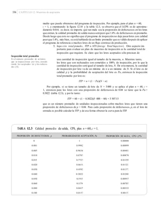 336 CAPÍTULO 12: Muestreo de aceptación
medio que puede obtenerse del programa de inspección. Por ejemplo, para el plan n = 60,
c = 1, y examinando la figura 12.10 y la tabla 12.3, se observa que el LCPS es de aproxima-
damente 0.014; es decir, no importa qué tan mala sea la proporción de defectuosos en los lotes
que entran, la calidad promedio de salida nunca será peor que 1.4% de defectuosos en promedio.
Desde luego que esto no significa que el programa de inspección no deje pasarlotes con calidad
peorque 1.4%, más bien, se está hablando de un límite promedio que es válido después de aplicar
el programa de referencia a muchos lotes de un flujo continuo de producción.
5. Inspección total promedio, ITP o ATI (Average Total Inspection). Otro aspecto im-
portante para evaluar un plan de muestreo de inspección es la cantidad total de
inspección que requiere. Es claro que los lotes aceptados sólo precisan de
Inspección total promedio
Es el número promedio de artículos una cantidad de inspección igual al tamaño de la muestra, n. Mientras tanto,
los lotes que son rechazados son sometidos a 100% de inspección, por lo que la
cantidad de inspección será igual al tamaño de lote, N. De esta manera, la cantidad
de inspección por lote va de un mínimo de n a un máximo de N. Si el lote es de
calidad p y la probabilidad de aceptación del lote es Pa, entonces la inspección
total promedio por lote es:
que se inspeccionan por lote, conside-
rando los aceptados (n) y los rechaza-
dos (N).
ITP = n + (1 − Pa)(N − n)
Por ejemplo, si se tiene un tamaño de lote de N = 5000 y se aplica el plan n = 60, c =
1, entonces para los lotes con una proporción de defectuosos de 0.04 se tiene que la Pa =
0.3022 (tabla 12.3), y por lo tanto:
ITP = 60 + (1 − 0.3022)(5 000 − 60) = 3 507.13
que es un número promedio de unidades inspeccionadas sobre muchos lotes que tienen una
proporción de defectuosos de p = 0.04. Para cada proporción de defectuosos, p, en el lote de
entrada es posible calcular la ITP y de esa forma obtener la curva para la ITP.
TABLA 12.3 Calidad promedio de salida, CPS, plan n = 60,c =1.
0 1 0.00000
0.001 0.9982 0.00099
0.005 0.9634 0.00481
0.010 0.8787 0.00878
0.015 0.7727 0.01159
0.020 0.6619 0.01323
0.030 0.4592 0.01377
0.040 0.3022 0.01208
0.050 0.1915 0.00957
0.060 0.1179 0.00707
0.080 0.0417 0.00333
0.100 0.0137 0.00137
PROPORCIÓN DE DEFECTUOSOS, p PROBABILIDAD DE ACEPTACIÓN, Pa PROPORCIÓN DE SALID A, CPS = p*Pa
 