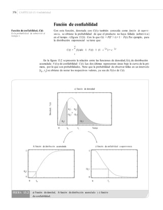 376 CAPÍTULO 13: Confiabilidad
Función de conﬁabilidad
Con esta función, denotada con C(t)y también conocida como función de supervi -
vencia, se obtiene la probabilidad de que el producto no haya fallado (sobreviva )
en el tiempo t (figura 13.2c). Con lo que C(t) = P(T > t) = 1 − F(t). Por ejemplo, para
la distribución exponencial se tiene que:
Función de confiabilidad, C(t)
Es la probabilidad de sobrevivir al
tiempo t.
c
C (t) = ¯ f (x)dx 1 F (t) 1 (1 e Lt
) = e Lt
t
En la figura 13.2 se presenta la relación entre las funciones de densidad f (t), de distribución
acumulada F (t) y de confiabilidad C (t). Las dos últimas representan áreas bajo la curva de la pri-
mera, por lo que son probabilidades. Note que la probabilidad de observar fallas en un intervalo
[t0
, t1
] se obtiene de restar los respectivos valores, ya sea de F(t) o de C(t).
a) Función de densidad
t0
t10 Tiempo
b) Función de distribución acumulada c) Función de confiabilidad o supervivencia
1 1
C(t1
)
F(t0
)
0 0
0 t0
t10
Densidad,F(t)
FIGURA 13.2 a) Función de densidad, b) función de distribución acumulada y c) función
de conﬁabilidad.
F(t0
)
F(t1
) F(t0
)
o
C(t0
) C(t1
)
C(t1 )
 