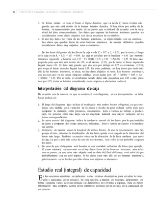 32 CAPÍTULO 2: Capacidad de procesos I: Estadística descriptiva
3. En forma similar se traza el brazo o bigote derecho: que va desde Cs
hasta el dato más
grande que aún está dentro de la barrera interior derecha. Si hay datos por arriba de la
barrera, se representarán por medio de un punto que se ubicará de acuerdo con la mag-
nitud del dato correspondiente. Los datos que superan las barreras interiores pueden ser
considerados como datos alejados con cierta sospecha de ser atípicos.
4. Si aún hay datos por fuera de las barreras exteriores, se representarán con un asterisco.
Los datos que queden fuera de estas barreras exteriores, de manera definitiva pueden
considerarse datos muy alejados, raros o aberrantes.
En los datos del grosor de los discos la caja va de Ci
= 1.17 a Cs
= 1.21; por lo tanto, el largo
de la caja es de Rc
= 1.21 − 1.17 = 0.04. La caja es dividida por la mediana = 1.19. Las barreras
interiores izquierda y derecha son 1.17 − 1.5 (0.04) = 1.11 y 1.21 + 1.5(0.04) = 1.27. El dato más
pequeño pero que aún está dentro de 1.11, es el mínimo (1.11), por lo tanto, el brazo izquierd o
llegará hasta 1.11. El dato más grande que aún está por debajo de 1.27 es el máximo (1.25),
por lo que el brazo derecho llegará hasta 1.25. En otras palabras, no hay datos que estén más
allá de las barreras interiores, es decir, no hay datos alejados ni raros. Las barreras exterio re s ,
que en este caso ya no tienen ninguna utilidad, están dadas por: 1.17 − 3(0.04) = 1.05 y 1.21
+ 3(0.04) = 1.33. Por lo tanto, si se hubieran tenido datos más pequeños que 1.05 o más gran-
des que 1.33, éstos se habrían considerado como atípicos o aberrantes (outliers).
Interpretación del diagrama de caja
De acuerdo con la manera en que se construyó este diagrama, en su interpretación se debe
hacer énfasis en:
1. El largo del diagrama (que incluye el rectángulo más ambos brazos o bigotes), ya que esto
indica una medida de la variación de los datos y resulta de gran utilidad sobre todo para
comparar la variación entre procesos, tratamientos, lotes o turnos de trabajo o produc-
ción. En general, entre más largo sea un diagrama indicará una mayor variación de los
datos correspondientes.
La parte central del diagrama indica la tendencia central de los datos, por lo que también
ayudará a comparar dos o más procesos, máquinas, lotes o turnos en cuanto a su tenden-
cia central.
Comparar de manera visual la longitud de ambos brazos. Si uno es notoriamente más lar-
go que el otro, entonces la distribución de los datos quizás está sesgada en la dirección del
brazo más largo. También es preciso observar la ubicación de la línea mediana que parte
la caja, ya que si está más cerca de uno de los extremos, será señal de un probable sesgo en
los datos.
En caso de que el diagrama esté basado en una cantidad suficiente de datos (por ejemplo
10 como mínimo), es necesario ver si hay datos fuera de las barreras interiores, marcados
con un punto, ya que entre más alejado esté un dato del final del brazo, será señal de que
probablemente sea un dato atípico. Si los datos caen más allá de las barreras exterio re s ,
prácticamente es un hecho que tales datos son atípicos o aberrantes.
2.
3.
4.
Estudio real (integral) de capacidad
En las secciones anteriores se explicaron varias técnicas descriptivas para estudiar la varia-
ción y capacidad de un proceso. En esta sección, a manera de resumen, aplicaremos en
forma conjunta varias de estas técnicas sin detenernos en volverlas a explicar, para así tener
información más completa acerca de los diferentes aspectos de un estudio de la capacidad de
un proceso.
 
