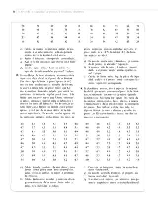 38 CAPÍTULO 2: Capacidad de procesos I: Estadística descriptiva
78
68
70
35
41
78
84
87
42
42
82
75
77
34
45
85
78
82
44
42
81
76
84
49
35
86
76
48
34
38
80
82
49
30
39
73
85
39
43
42
84
91
39
31
43
78
80
43
34
29
a) Calcule las medidas de tendencia central, de dis-
persión a los datos anteriores y dé una primera
opinión acerca de la calidad en el servicio.
Realice el histograma e interprételo con cuidado.
¿Qué es lo más destacado que observa en el histo-
grama?
¿Tendría alguna utilidad hacer un análisis por
separado de cada una de las preguntas? Explique.
aprecia un proceso con una estabilidad aceptable, el
grosor medio es μ = 4.75, la mediana 4.7, y la desvia-
ción estándar σ = 0.45.
b)
c) a) De acuerdo con la media y la mediana, ¿el centra-
do del proceso es adecuado? Argumente.
Si considera sólo la media y la mediana, ¿puede
decidir si el proceso cumple con las especiﬁcacio-
nes? Explique.
Calcule los límites reales, haga la gráﬁca de capa-
cidad y señale si el proceso cumple con especiﬁ c a-
ciones. Argumente su respuesta.
b)d)
13. En una fábrica de piezas de asbesto una característica
importante de la calidad es el grosor de las láminas.
Para cierto tipo de lámina el grosor óptimo es de 5
mm y se tiene una discrepancia tolerable de 0.8 mm,
ya que si la lámina tiene un grosor menor que 4.2
mm se considera demasiado delgada yno reunirá las
condiciones de resistencia exigidas porel cliente. Si la
lámina tiene un grosor mayor que 5.8 mm, entonces
se gastará demasiado material para su elaboración y
elevarán los costos del fabricante. Por lo tanto,es de
suma importancia fabricar las láminas con el grosor
óptimo, y en el peor de los casos dentro de las tole-
rancias especiﬁcadas. De acuerdo con los registros de
las mediciones realizadas en los últimos tres meses se
c)
14. En el problema anterior, con el propósito de mejorar
la calidad que se tenía en cuanto algrosor de las lámi-
nas,se implementó un proyecto de mejora siguiendo
la metodología Seis Sigma (ver capítulo 16). Varios de
los cambios implementados fueron relativos a mejora
y estandarización de los procedimientos de operación
del proceso. Para veriﬁcar si el plan tuvo éxito, se
eligieron láminas de manera aleatoria y se midió su
grosor. Los 120 datos obtenidos durante tres días se
muestran a continuación:
4.8
4.7
4.7
4.9
4.7
4.6
4.2
5.0
5.3
4.4
4.3
5.7
4.1
4.8
5.0
5.0
4.5
5.0
4.9
5.0
4.8
4.5
5.1
4.7
5.0
4.6
5.3
4.9
5.0
4.5
5.1
5.3
5.0
5.1
5.3
4.8
5.1
5.2
4.4
5.0
4.9
4.4
5.0
5.1
5.1
4.7
4.8
5.6
4.9
5.2
4.6
5.1
4.9
5.3
5.1
4.9
4.4
5.1
4.7
4.7
4.9
4.6
4.6
5.1
4.5
4.4
4.7
5.2
4.6
5.0
4.6
4.9
4.9
5.0
5.2
4.5
5.3
4.5
5.3
5.3
5.0
4.2
5.2
5.3
4.1
5.3
5.1
4.6
4.8
5.6
4.9
4.6
4.8
5.0
5.1
5.3
4.7
5.2
4.7
5.0
4.8
5.3
4.7
5.1
4.9
4.4
4.7
4.9
4.6
5.0
4.5
5.2
5.1
5.2
4.9
5.0
4.8
5.0
5.1
4.5
a) Calcule la media y mediana de estos datos,y com-
párelas con las que se tenían antes del proyecto,
decida si con los cambios se mejoró el centrado
del proceso.
b) Calcule la desviación estándar y, con ésta,obten-
ga una estimación de los nuevos límites reales y
decida si la variabilidad se redujo.
c) Construya un histograma, inserte las especiﬁca-
ciones e interprételo.
De acuerdo con todo lo anterior, ¿el proyecto dio
buenos resultados? Argumente.
Si se observaron mejoras, ¿son suﬁcientes para ga-
rantizar un producto dentro de especiﬁcaciones?
d)
f )
 