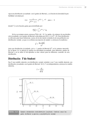 Distribuciones derivadas del muestreo 57
sigue una distribución ji-cuadrada con k grados de libertad, y su función de densidad de pro-
babilidad está dada por:
1 (k/2) 1 x/2
xf (x) para x 0e
2
k/2 ' k /2
donde Γ (⋅) es la función gama que está definida por
∞
yα−1
e− y
dyΓ(α) = ∫0
Si α es un número entero, entonces Γ(α) = (α − 1)!. La media y la varianza de una distribu-
ción ji-cuadrada con k grados de libertad están dadas por E(X ) = k y σ2
= 2k. Esta distribución
es relevante para hacer inferencias acerca de la desviación estándar, σ, de una población con
distribución normal, ya que si se obtiene una muestra de tamaño n, entonces el estadístico:
(n −1)S 2
χ2
=
σ 2
tiene una distribución ji-cuadrada con n − 1 grados de libertad (S2
, es la varianza muestral).
En la figura 3.4 se muestra la gráfica de densidades ji-cuadrada para diferentes grados de
libertad, y en la tabla A3 del apéndice se dan valores para los diferentes cuantiles de esta
distribución.
Distribución T de Student
Sea Z una variable aleatoria con distribución normal estándar y sea V una variable aleatoria con
distribución ji-cuadrada con k grados de libertad. Si Z y V son independientes,entonces la variable
aleatoria,
T =
Z
V/k
0.16
0.12
Gl 100.08
Gl 300.04
0
0 10 20 30
X
40 50 60
f(x)
FIGURA 3.4 Ejemplos de densidades de la distribución ji-cuadrada. Conforme crecen los
grados de libertad se aproxima a una distribución normal.
Gl 5
 