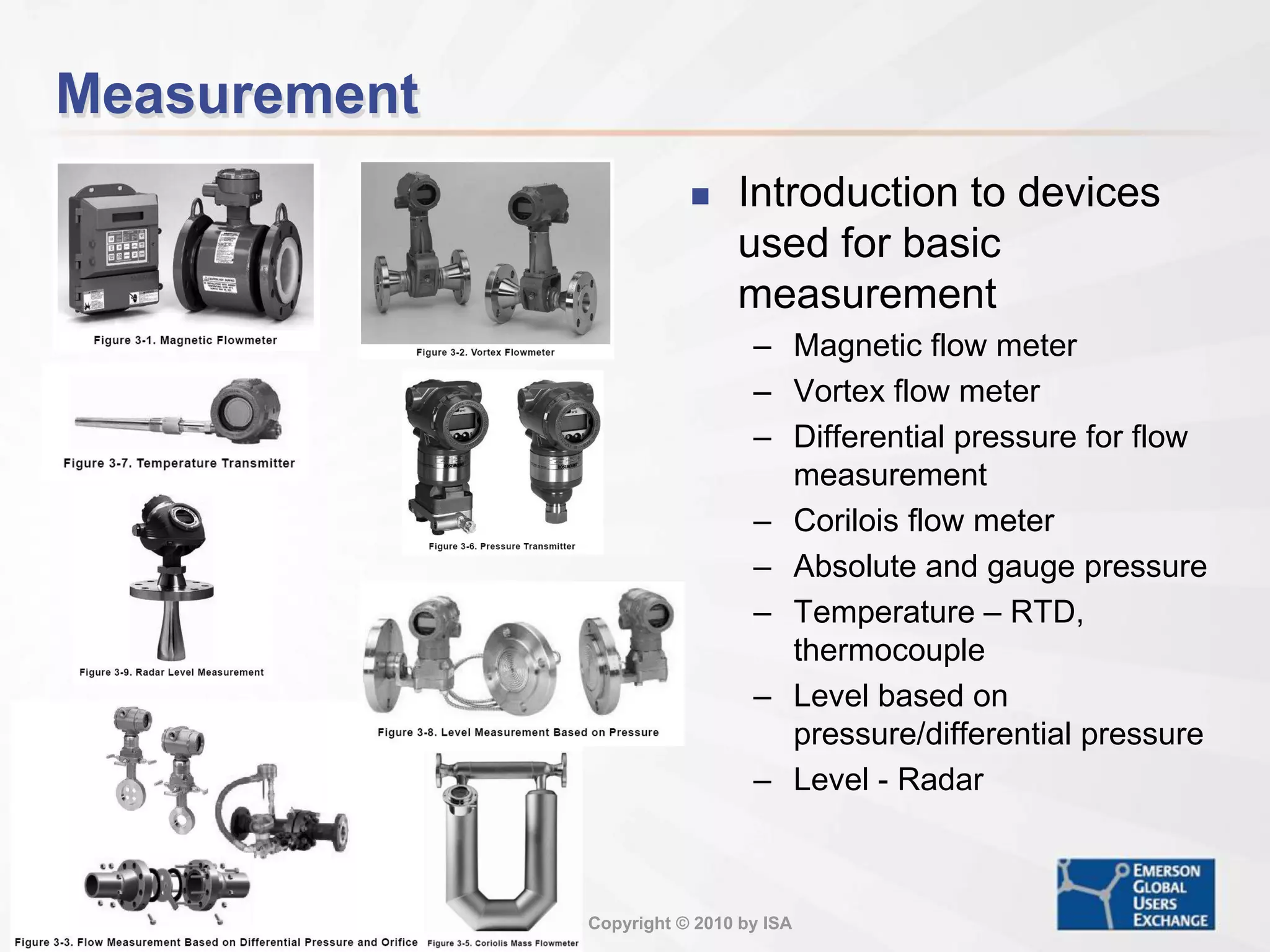 Copyright © 2010 by ISA
Measurement
 Introduction to devices
used for basic
measurement
– Magnetic flow meter
– Vortex flow meter
– Differential pressure for flow
measurement
– Corilois flow meter
– Absolute and gauge pressure
– Temperature – RTD,
thermocouple
– Level based on
pressure/differential pressure
– Level - Radar
 