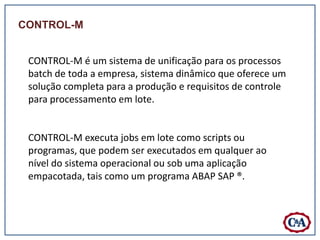 CONTROL-M


 CONTROL-M é um sistema de unificação para os processos
 batch de toda a empresa, sistema dinâmico que oferece um
 solução completa para a produção e requisitos de controle
 para processamento em lote.


 CONTROL-M executa jobs em lote como scripts ou
 programas, que podem ser executados em qualquer ao
 nível do sistema operacional ou sob uma aplicação
 empacotada, tais como um programa ABAP SAP ®.
 