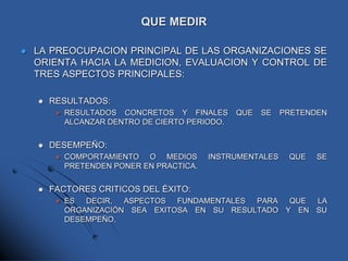 QUE MEDIR
 LA PREOCUPACION PRINCIPAL DE LAS ORGANIZACIONES SE
ORIENTA HACIA LA MEDICION, EVALUACION Y CONTROL DE
TRES ASPECTOS PRINCIPALES:
 RESULTADOS:
 RESULTADOS CONCRETOS Y FINALES QUE SE PRETENDEN
ALCANZAR DENTRO DE CIERTO PERIODO.
 DESEMPEÑO:
 COMPORTAMIENTO O MEDIOS INSTRUMENTALES QUE SE
PRETENDEN PONER EN PRACTICA.
 FACTORES CRITICOS DEL ÉXITO:
 ES DECIR, ASPECTOS FUNDAMENTALES PARA QUE LA
ORGANIZACIÓN SEA EXITOSA EN SU RESULTADO Y EN SU
DESEMPEÑO.
 