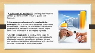 2. Evaluación del desempeño: Es la segunda etapa del 
control, que tiene como fin evaluar lo que se está 
haciendo. 
3. Comparación del desempeño con el estándar 
establecido: Es la tercera etapa del control, que compara 
el desempeño con lo que fue establecido como estándar, 
para verificar si hay desvío o variación, esto es, algún 
error o falla con relación al desempeño esperado. 
4. Acción correctiva: Es la cuarta y última etapa del 
control que busca corregir el desempeño para adecuarlo 
al estándar esperado. La acción correctiva es siempre 
una medida de corrección y adecuación de algún desvío o 
variación con relación al estándar esperado. 
 
