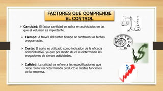  Cantidad: El factor cantidad se aplica en actividades en las 
que el volumen es importante. 
 Tiempo: A través del factor tiempo se controlan las fechas 
programadas. 
 Costo: El costo es utilizado como indicador de la eficacia 
administrativa, ya que por medio de el se determinan las 
erogaciones de ciertas actividades. 
 Calidad: La calidad se refiere a las especificaciones que 
debe reunir un determinado producto o ciertas funciones 
de la empresa. 
 