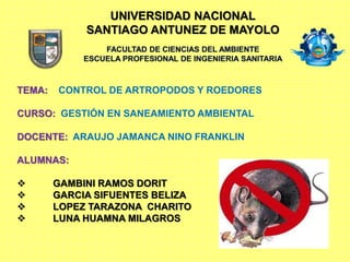 UNIVERSIDAD NACIONAL
SANTIAGO ANTUNEZ DE MAYOLO
TEMA: CONTROL DE ARTROPODOS Y ROEDORES
CURSO: GESTIÓN EN SANEAMIENTO AMBIENTAL
DOCENTE: ARAUJO JAMANCA NINO FRANKLIN
ALUMNAS:
 GAMBINI RAMOS DORIT
 GARCIA SIFUENTES BELIZA
 LOPEZ TARAZONA CHARITO
 LUNA HUAMNA MILAGROS
 