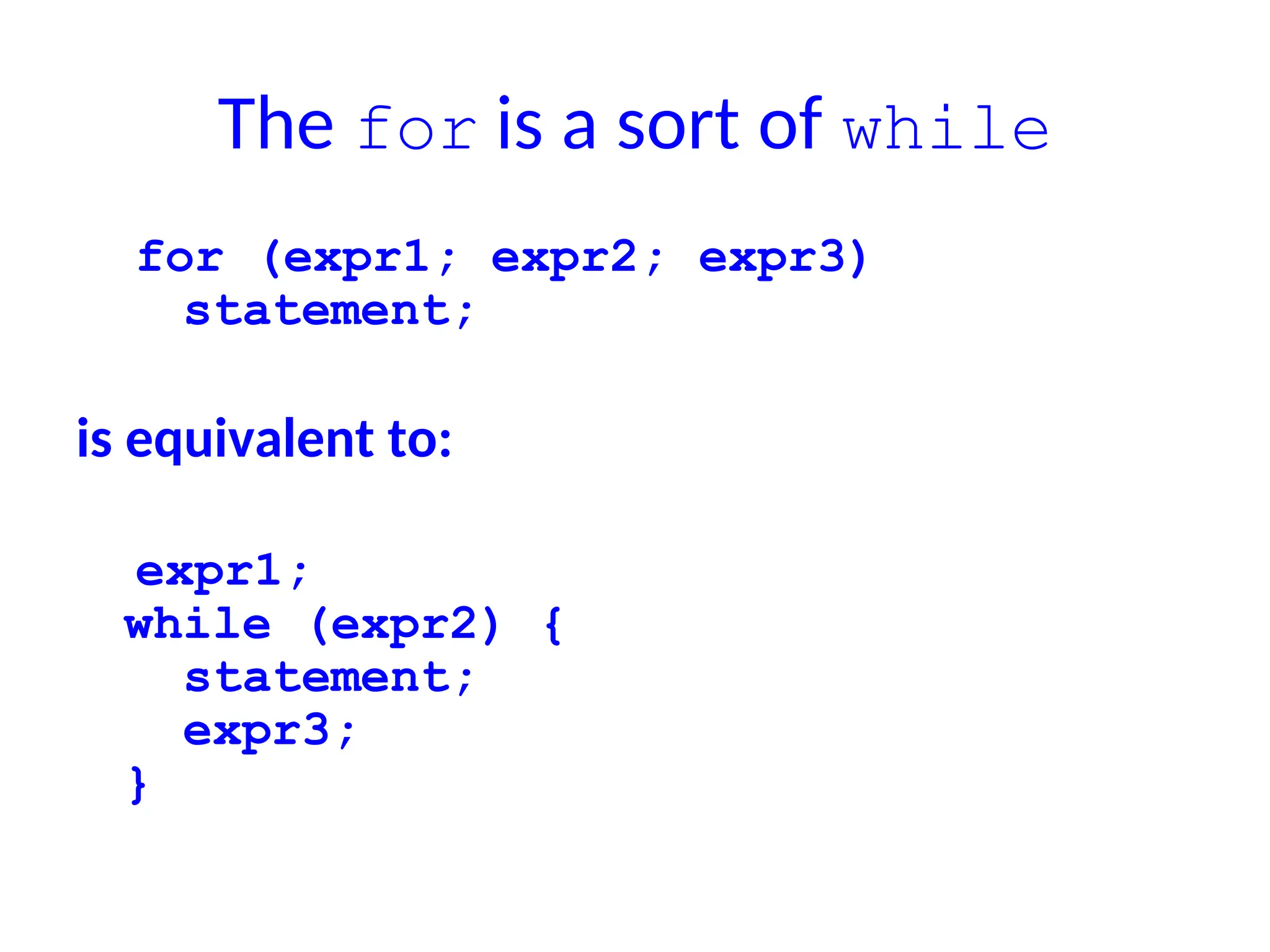 The for is a sort of while
for (expr1; expr2; expr3)
statement;
is equivalent to:
expr1;
while (expr2) {
statement;
expr3;
}
 