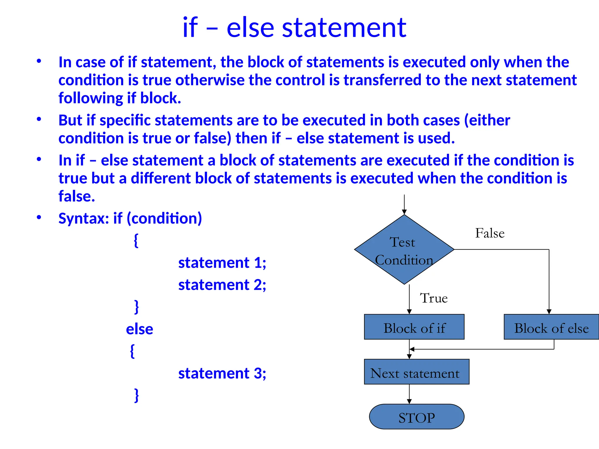if – else statement
• In case of if statement, the block of statements is executed only when the
condition is true otherwise the control is transferred to the next statement
following if block.
• But if specific statements are to be executed in both cases (either
condition is true or false) then if – else statement is used.
• In if – else statement a block of statements are executed if the condition is
true but a different block of statements is executed when the condition is
false.
• Syntax: if (condition)
{
statement 1;
statement 2;
}
else
{
statement 3;
}
Test
Condition
Block of if Block of else
Next statement
STOP
False
True
 