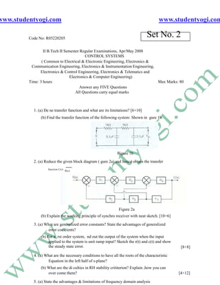 www.studentyogi.com                                                                      www.studentyogi.com

         Code No: R05220205
                                                                                  Set No. 2
                 II B.Tech II Semester Regular Examinations, Apr/May 2008
                                          CONTROL SYSTEMS
                ( Common to Electrical & Electronic Engineering, Electronics &
          Communication Engineering, Electronics & Instrumentation Engineering,
               Electronics & Control Engineering, Electronics & Telematics and
                                 Electronics & Computer Engineering)
         Time: 3 hours                                                          Max Marks: 80
                                       Answer any FIVE Questions
                                    All Questions carry equal marks



           1. (a) De ne transfer function and what are its limitations? [6+10]
               (b) Find the transfer function of the following system: Shown in gure 1b.




                                                               Figure 1b
           2. (a) Reduce the given block diagram ( gure 2a) and hence obtain the transfer
                   function C(s)
                                   R(s)




                                                                Figure 2a
               (b) Explain the working principle of synchro receiver with neat sketch. [10+6]

           3. (a) What are generalized error constants? State the advantages of generalized
                    error coe cients?
               (b) For a rst order system, nd out the output of the system when the input
                    applied to the system is unit ramp input? Sketch the r(t) and c(t) and show
                    the steady state error.                                                        [8+8]

           4. (a) What are the necessary conditions to have all the roots of the characteristic
                   Equation in the left half of s-plane?
               (b) What are the di culties in RH stability crititerion? Explain ,how you can
                   over come them?                                                                [4+12]

           5. (a) State the advantages & limitations of frequency domain analysis
 