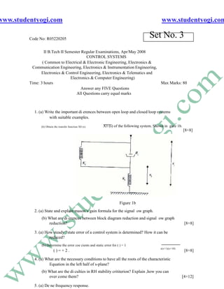 www.studentyogi.com                                                                             www.studentyogi.com

         Code No: R05220205
                                                                                        Set No. 3
                 II B.Tech II Semester Regular Examinations, Apr/May 2008
                                          CONTROL SYSTEMS
                ( Common to Electrical & Electronic Engineering, Electronics &
          Communication Engineering, Electronics & Instrumentation Engineering,
               Electronics & Control Engineering, Electronics & Telematics and
                                 Electronics & Computer Engineering)
         Time: 3 hours                                                          Max Marks: 80
                                       Answer any FIVE Questions
                                    All Questions carry equal marks



           1. (a) Write the important di erences between open loop and closed loop systems
                    with suitable examples.

               (b) Obtain the transfer function X0 (s)      X1 (s) of the following system. Shown in gure 1b.
                                                                                                                [8+8]




                                                                         Figure 1b
           2. (a) State and explain mason’s gain formula for the signal ow graph.
               (b) What are di erences between block diagram reduction and signal ow graph
                   reduction?                                                                                   [8+8]

           3. (a) How steady ?state error of a control system is determined? How it can be
                    reduced?
               (b) Determine the error coe cients and static error for ( ) = 1
                                                                                               s(s+1)(s+10)
                         ()=+2.                                                                                 [8+8]

           4. (a) What are the necessary conditions to have all the roots of the characteristic
                   Equation in the left half of s-plane?
               (b) What are the di culties in RH stability crititerion? Explain ,how you can
                   over come them?                                                                            [4+12]

           5. (a) De ne frequency response.
 