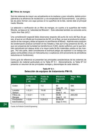 24
· Filtros de mangas
Son los sistemas de mayor uso actualmente en la mediana y gran industria, debido princi-
palmente a la eficiencia de recolección y a la simplicidad de funcionamiento. Las partícu-
las de polvo forman una capa porosa en la superficie de la tela, siendo éste el principal
medio filtrante.
La selección o verificación de un filtro de mangas, en cuanto a la superficie del medio
filtrante, se basa en la “velocidad de filtración”. Esta velocidad también es conocida como
“razón Aire-Tela (A/C)”.
Una consideración especial debe observarse respecto del punto de rocío del flujo de ga-
ses, el que se ve influido por la presencia de SO3
en el flujo, ya que se produce la conden-
sación en las mangas y éstas se taparán no permitiendo el filtrado. Además esta condición
de condensación produce corrosión en los metales y más aún si hay presencia de SO3
, el
que con presencia de humedad se transforma en H2
SO4
(ácido sulfúrico), por lo que tam-
bién perjudicará por ataque ácido a la mayor parte de los materiales usados en las man-
gas. Por otra parte, debe considerarse el eventual peligro de explosión si se trabaja con
gases combustibles (ricos en hidrocarburos) o explosivos (CO proveniente de atmósferas
reductoras en fundiciones).
Como guía de referencia se presentan las principales características de los sistemas de
captación de material particulado en la Tabla Nº 5.1. Adicionalmente, la Tabla Nº 5.2
presenta un resumen de las principales ventajas y desventajas de cada sistema.
Tabla Nº 5.1:
Selección de equipos de tratamiento PM-10.
Tipo Tamaño de Caída de Eficiencia Temp. Máx.
partículas Presión Esperada [ºC]
[ m] [H2
O] [%]
Ciclón > 10 1-3 80 500
(bajo 20 m)
Lavador > 0,3-1 15-30 90-99 250+
Venturi (bajo 5 m)
Filtros de > 0,5-1 1-10 95-99 200-250
Mangas (bajo 5 m)
Precipitador > 0,01 0,25-0,5 80-99,99 500
Electrostático (bajo 5 mm)
Fuente: Air Pollution Control Engineering
 