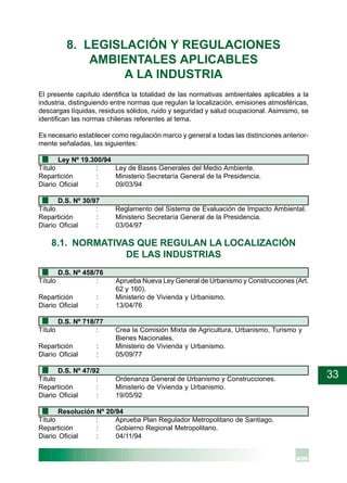 33
8. LEGISLACIÓN Y REGULACIONES
AMBIENTALES APLICABLES
A LA INDUSTRIA
El presente capítulo identifica la totalidad de las normativas ambientales aplicables a la
industria, distinguiendo entre normas que regulan la localización, emisiones atmosféricas,
descargas líquidas, residuos sólidos, ruido y seguridad y salud ocupacional. Asimismo, se
identifican las normas chilenas referentes al tema.
Es necesario establecer como regulación marco y general a todas las distinciones anterior-
mente señaladas, las siguientes:
Ley Nº 19.300/94
Título : Ley de Bases Generales del Medio Ambiente.
Repartición : Ministerio Secretaría General de la Presidencia.
Diario Oficial : 09/03/94
D.S. Nº 30/97
Título : Reglamento del Sistema de Evaluación de Impacto Ambiental.
Repartición : Ministerio Secretaría General de la Presidencia.
Diario Oficial : 03/04/97
8.1. NORMATIVAS QUE REGULAN LA LOCALIZACIÓN
DE LAS INDUSTRIAS
D.S. Nº 458/76
Título : Aprueba Nueva Ley General de Urbanismo y Construcciones (Art.
62 y 160).
Repartición : Ministerio de Vivienda y Urbanismo.
Diario Oficial : 13/04/76
D.S. Nº 718/77
Título : Crea la Comisión Mixta de Agricultura, Urbanismo, Turismo y
Bienes Nacionales.
Repartición : Ministerio de Vivienda y Urbanismo.
Diario Oficial : 05/09/77
D.S. Nº 47/92
Título : Ordenanza General de Urbanismo y Construcciones.
Repartición : Ministerio de Vivienda y Urbanismo.
Diario Oficial : 19/05/92
Resolución Nº 20/94
Título : Aprueba Plan Regulador Metropolitano de Santiago.
Repartición : Gobierno Regional Metropolitano.
Diario Oficial : 04/11/94
 