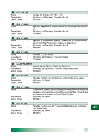 39
D.F.L. Nº1/94
Título : Código del Trabajo (Art. 153–157).
Repartición : Ministerio del Trabajo y Previsión Social.
Diario Oficial : 24/01/94
D.S. Nº 40/69
Título : Aprueba Reglamento Sobre Prevención de Riesgos Profesiona-
les.
Repartición : Ministerio del Trabajo y Previsión Social.
Diario Oficial : 07/03/69
D.S. Nº 54/69
Título : Aprueba el Reglamento para la Constitución y Funcionamiento
de los Comités Paritarios de Higiene y Seguridad.
Repartición : Ministerio del Trabajo y Previsión Social.
Diario Oficial : 11/03/69
D.S. Nº 20/80
Título : Modifica D.S. Nº 40/69.
Repartición : Ministerio del Trabajo y Previsión Social.
Diario Oficial : 05/05/80
Ley Nº 18.164/82
Título : Internación de Ciertos Productos Químicos.
Repartición : Ministerio de Economía, Fomento y Reconstrucción.
Diario Oficial : 17/09/82
D.S. Nº 48/84
Título : Aprueba Reglamento de Calderas y Generadores de Vapor.
Repartición : Ministerio de Salud.
Diario Oficial : 14/05/84
D.S. Nº 133/84
Título : Reglamento Sobre Autorizaciones para Instalaciones Radiactivas
y Equipos Generadores de Radiaciones Ionizantes, Personal que
se Desempeñe en ellas u Opere Tales Equipos.
Repartición : Ministerio de Salud.
Diario Oficial : 23/08/84
D.S. Nº 3/85
Título : Aprueba Reglamento de Protección Radiológica de Instalacio-
nes Radiactivas.
Repartición : Ministerio de Salud.
Diario Oficial : 25/04/85
 