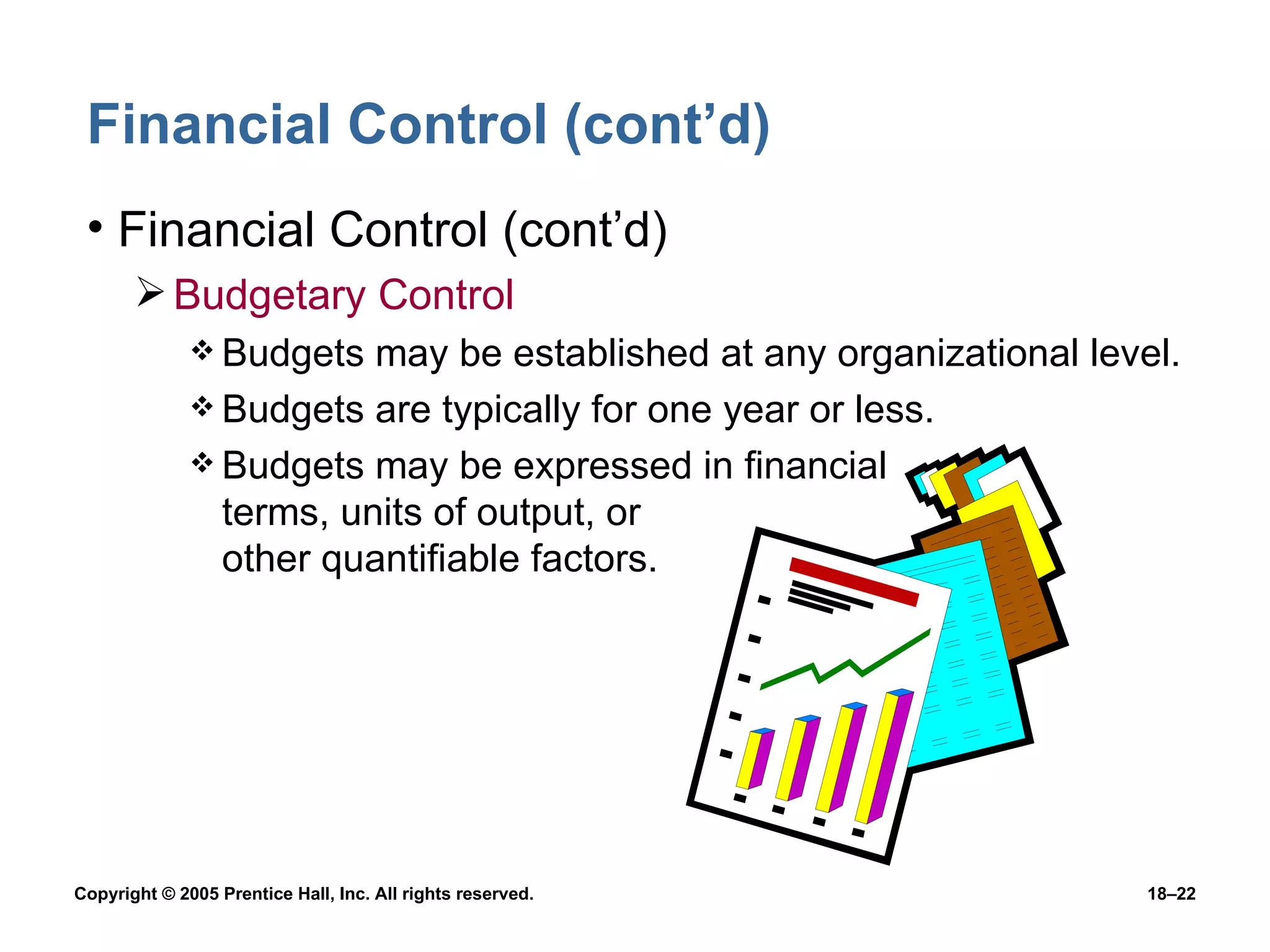 Financial Control (cont’d) Financial Control (cont’d) Budgetary Control Budgets may be established at any organizational level. Budgets are typically for one year or less. Budgets may be expressed in financial terms, units of output, or  other quantifiable factors. 