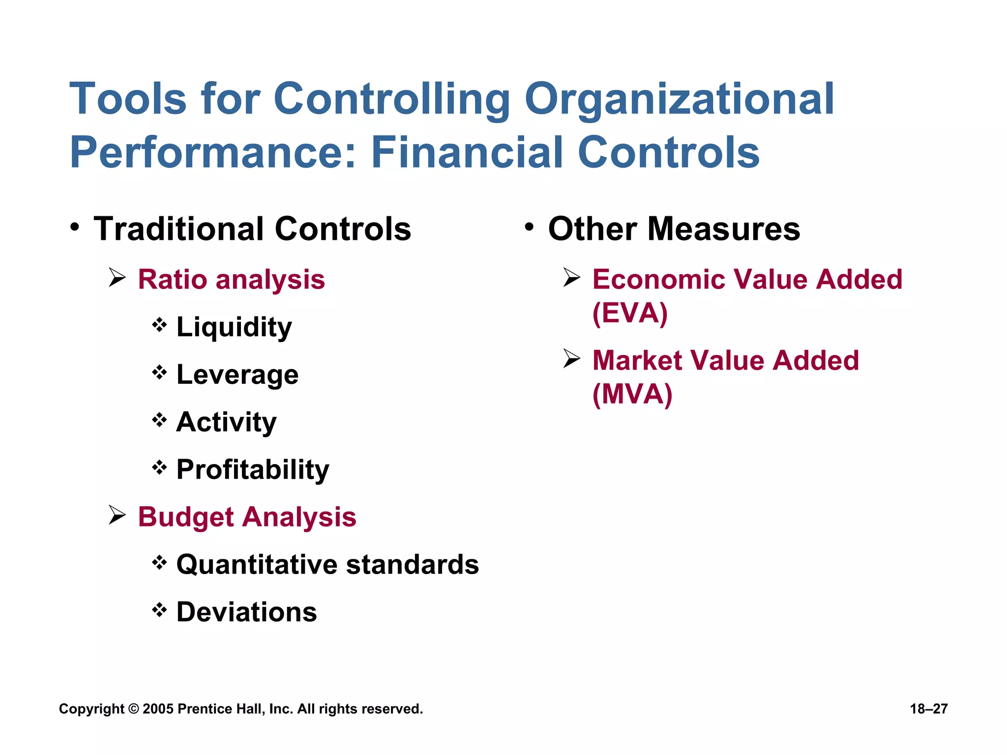 Tools for Controlling Organizational Performance: Financial Controls Traditional Controls Ratio analysis Liquidity Leverage Activity Profitability Budget Analysis Quantitative standards Deviations Other Measures Economic Value Added (EVA) Market Value Added (MVA) 