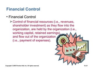 Financial Control Financial Control Control of financial resources (i.e., revenues, shareholder investment) as they flow into the organization, are held by the organization (i.e., working capital, retained earnings),  and flow out of the organization  (i.e., payment of expenses). 
