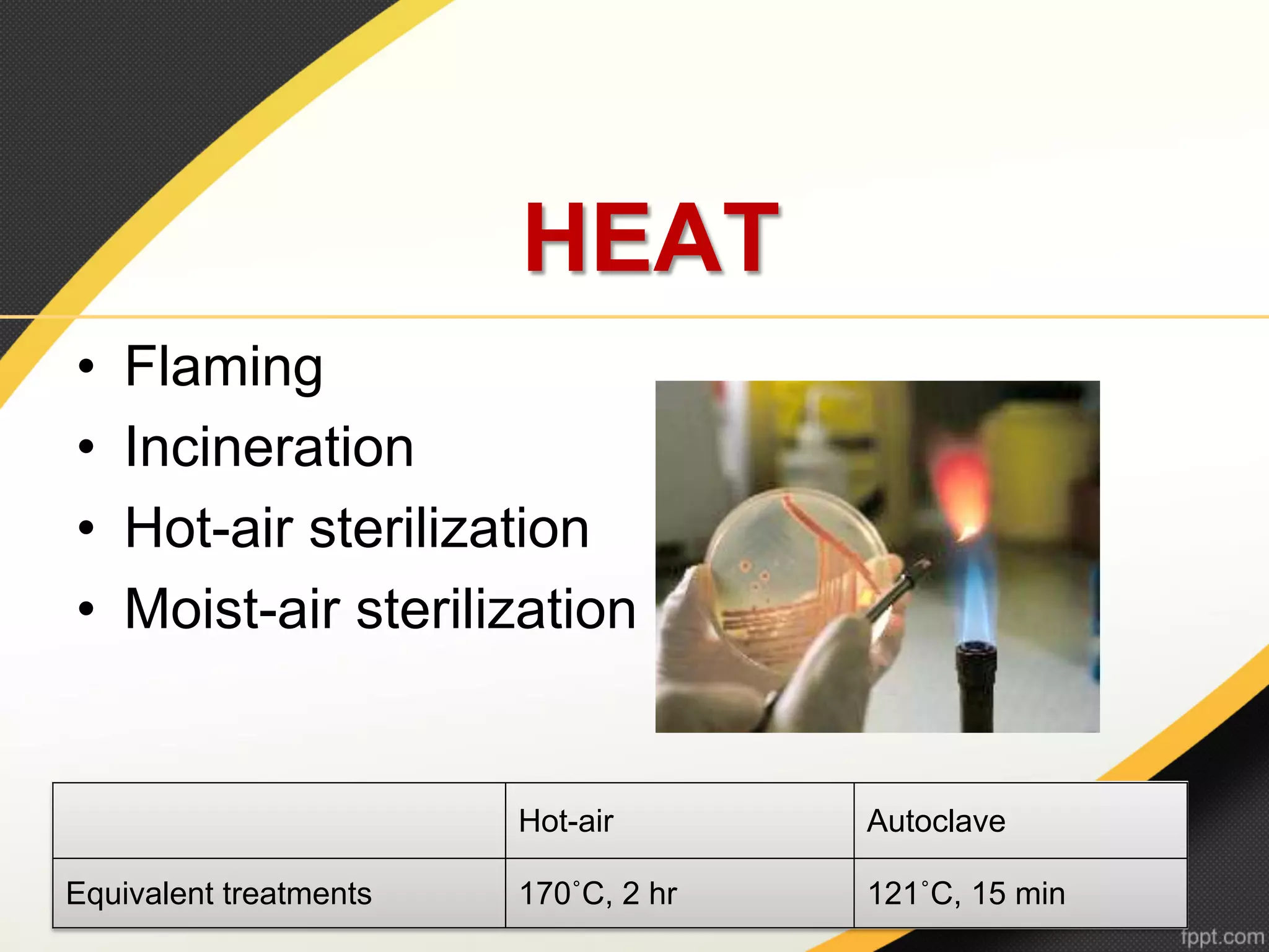 HEAT
•    Flaming
•    Incineration
•    Hot-air sterilization
•    Moist-air sterilization


                        Hot-air       Autoclave

Equivalent treatments   170˚C, 2 hr   121˚C, 15 min
 
