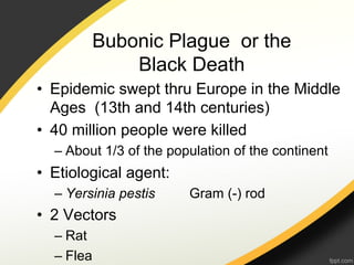 Bubonic Plague or the
                Black Death
•  Epidemic swept thru Europe in the Middle
   Ages (13th and 14th centuries)
•  40 million people were killed
  –  About 1/3 of the population of the continent
•  Etiological agent:
  –  Yersinia pestis     Gram (-) rod
•  2 Vectors
  –  Rat
  –  Flea
 