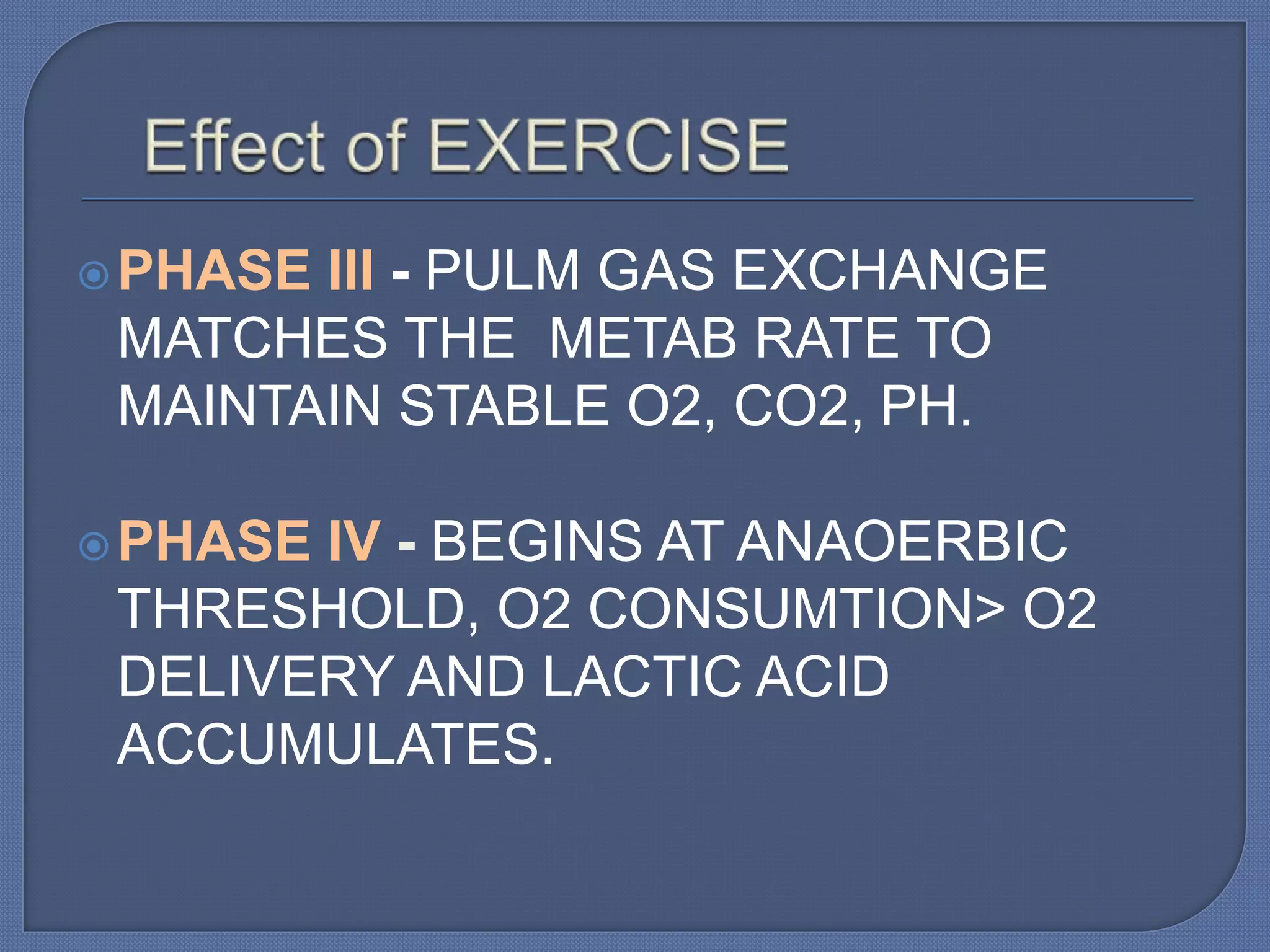 PHASE III - PULM GAS EXCHANGE
MATCHES THE METAB RATE TO
MAINTAIN STABLE O2, CO2, PH.
PHASE IV - BEGINS AT ANAOERBIC
THRESHOLD, O2 CONSUMTION> O2
DELIVERY AND LACTIC ACID
ACCUMULATES.
 