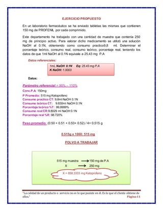 “La calidad de un producto o servicio no es lo que pusiste en él. Es lo que el cliente obtiene de
ellos.” Página11
EJERCICIO PROPUESTO
En un laboratorio farmacéutico se ha enviado tabletas las mismas que contienen
150 mg de PROFENIL por cada comprimido.
Este departamento ha trabajado con una cantidad de muestra que contenía 250
mg de principio activo. Para valorar dicho medicamento se utilizó una solución
NaOH al 0.1N, obteniendo como consumo practico9,8 ml. Determinar el
porcentaje teórico, consumo real, consumo teórico, porcentaje real, teniendo los
datos de que 1ml NaOH al 0.1N equivale a 25.43 mg P.A
Datos referenciales:
Datos:
Parámetro referencial = 90% – 110%
Conc.P.A: 150mg
P Promedio: 515 mg Ketoprofeno
Consumo practico CT:9,8ml NaOH 0.1N
Consumo teórico CT: 9.830ml NaOH 0.1N
Porcentaje teórico %T: 99,9999%
Consumo real CR:9.8029 ml NaOH 0.1N
Porcentaje real %R: 98.720%
Peso promedio: (0.50 + 0.51 + 0.53+ 0.52) / 4= 0.515 g
0.515g x 1000: 515 mg
POLVO A TRABAJAR
515 mg muestra 150 mg de P.A
X 250 mg
X = 1,26 g muestra
X = 858.3333 mg Ketoprofeno
1mL NaOH 0.1N Eq: 25.43 mg P.A
K NaOH: 1.0003
 