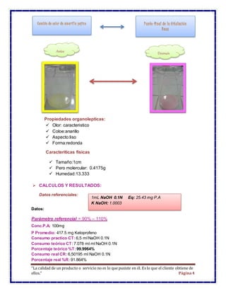 “La calidad de un producto o servicio no es lo que pusiste en él. Es lo que el cliente obtiene de
ellos.” Página4
Propiedades organolepticas:
 Olor: caracteristico
 Coloe:anarillo
 Aspecto:liso
 Forma:redonda
Caracteriticas fisicas
 Tamaño:1cm
 Pero molercular: 0.4175g
 Humedad:13.333
 CALCULOS Y RESULTADOS:
Datos referenciales:
Datos:
Parámetro referencial = 90% – 110%
Conc.P.A: 100mg
P Promedio: 417.5 mg Ketoprofeno
Consumo practico CT: 6,5 ml NaOH 0.1N
Consumo teórico CT: 7.078 ml ml NaOH 0.1N
Porcentaje teórico %T: 99.9964%
Consumo real CR: 6,50195 ml NaOH 0.1N
Porcentaje real %R: 91.864%
Antes Después
1mL NaOH 0.1N Eq: 25.43 mg P.A
K NaOH: 1.0003
 