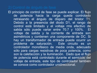 2) Control de ángulo de fase
El principio de control de fase se puede explicar. El flujo
de potencia hacia la carga queda controlado
retrasando el ángulo de disparo del tiristor T1.
Debido a la presencia del diodo D1, el rango de
control está limitado y el voltaje rms efectivo de
salida sólo puede variar entre 70.7 y 100%. El
voltaje de salida y la corriente de entrada son
asimétricos y contienen una componente de DC. Si
hay un transformador de entrada puede ocurrir un
problema de saturación. Este circuito es un
controlador monofásico de media onda, adecuado
sólo para cargas resistivas de poca potencia, como
son la calefacción y la iluminación. Dado que el flujo
de potencia está controlado durante el semiciclo del
voltaje de entrada, este tipo de controlador también
se conoce como controlador unidireccional.
 