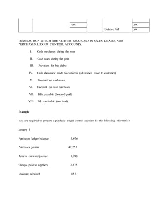 xxx xxx
Balance b/d xxx
TRANSACTION WHICH ARE NEITHER RECORDED IN SALES LEDGER NOR
PURCHASES LEDGER CONTROL ACCOUNTS.
I. Cash purchases during the year
II. Cash sales during the year
III. Provision for bad debts
IV. Cash allowance made to customer (allowance made to customer)
V. Discount on cash sales
VI. Discount on cash purchases
VII. Bills payable (honored/paid)
VIII. Bill receivable (received)
Example
You are required to prepare a purchase ledger control account for the following information
January 1
Purchases ledger balance 3,676
Purchases journal 42,257
Returns outward journal 1,098
Cheque paid to suppliers 3,875
Discount received 887
 
