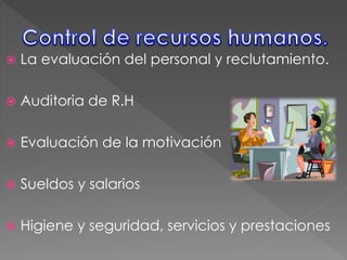  La evaluación del personal y reclutamiento.
 Auditoria de R.H
 Evaluación de la motivación
 Sueldos y salarios
 Higiene y seguridad, servicios y prestaciones
 