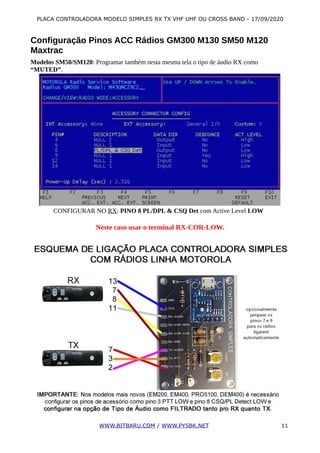 PLACA CONTROLADORA MODELO SIMPLES RX TX VHF UHF OU CROSS BAND - 17/09/2020
Configuração Pinos ACC Rádios GM300 M130 SM50 M120
Maxtrac
Modelos SM50/SM120: Programar também nesta mesma tela o tipo de áudio RX como
“MUTED”.
CONFIGURAR NO RX: PINO 8 PL/DPL & CSQ Det com Active Level LOW
Neste caso usar o terminal RX-COR-LOW.
WWW.BITBARU.COM / WWW.PY5BK.NET 11
 